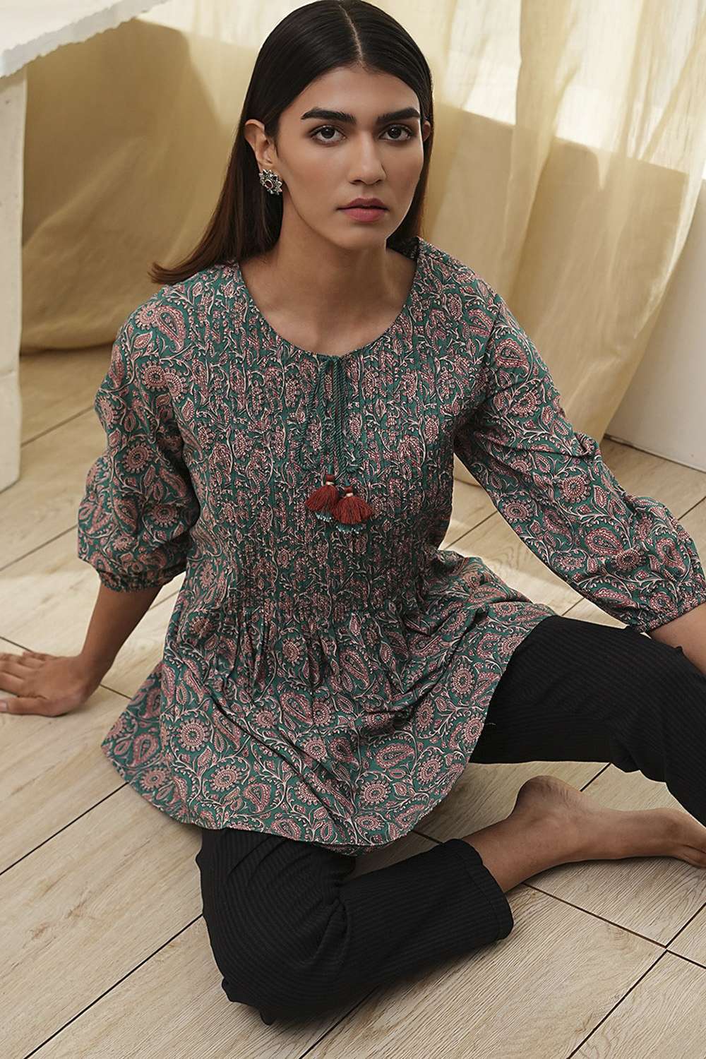 Teal Green Cotton Pleated A-Line Short Kurta image number 0