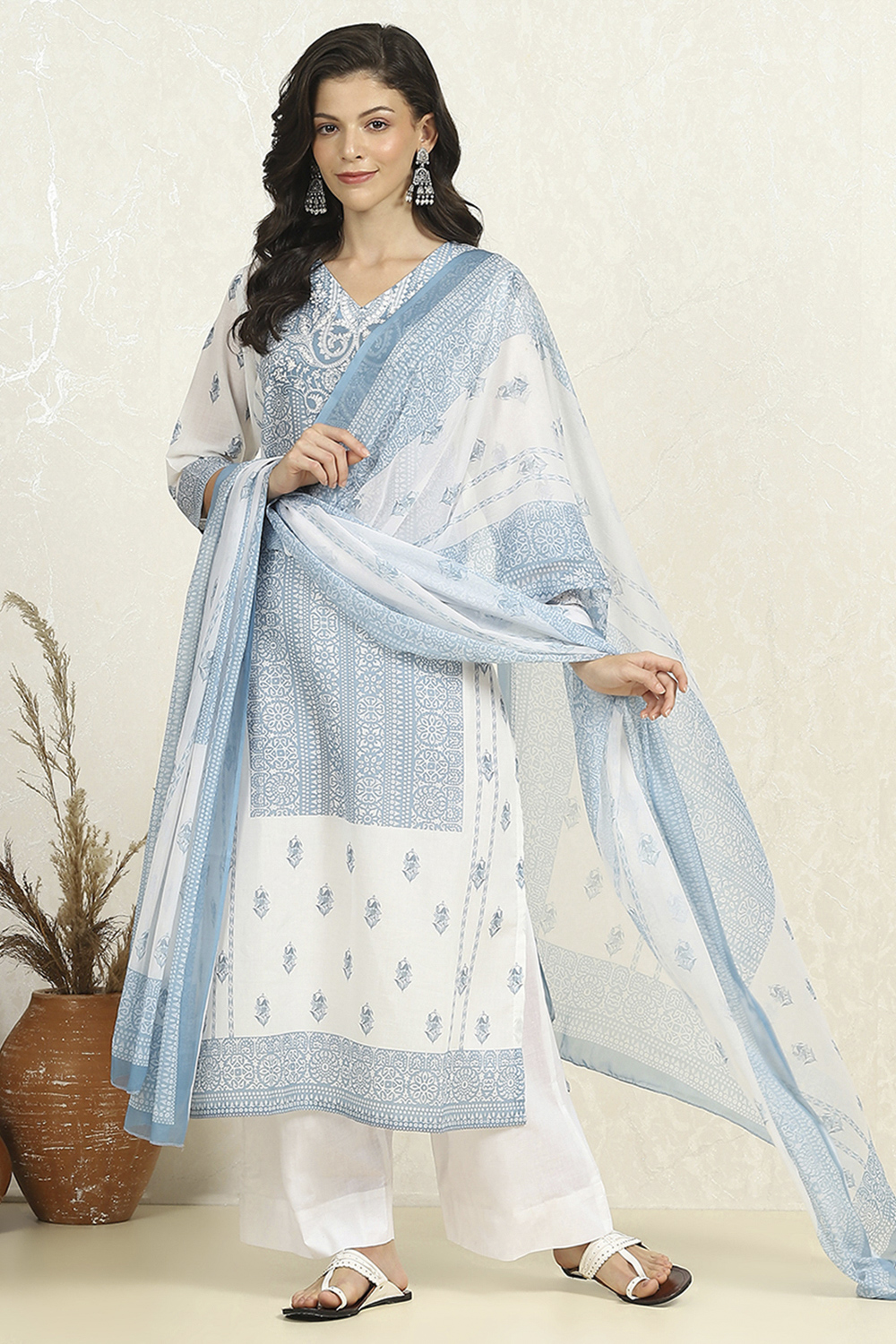 White-Blue Cotton Unstitched Suit Set image number 1