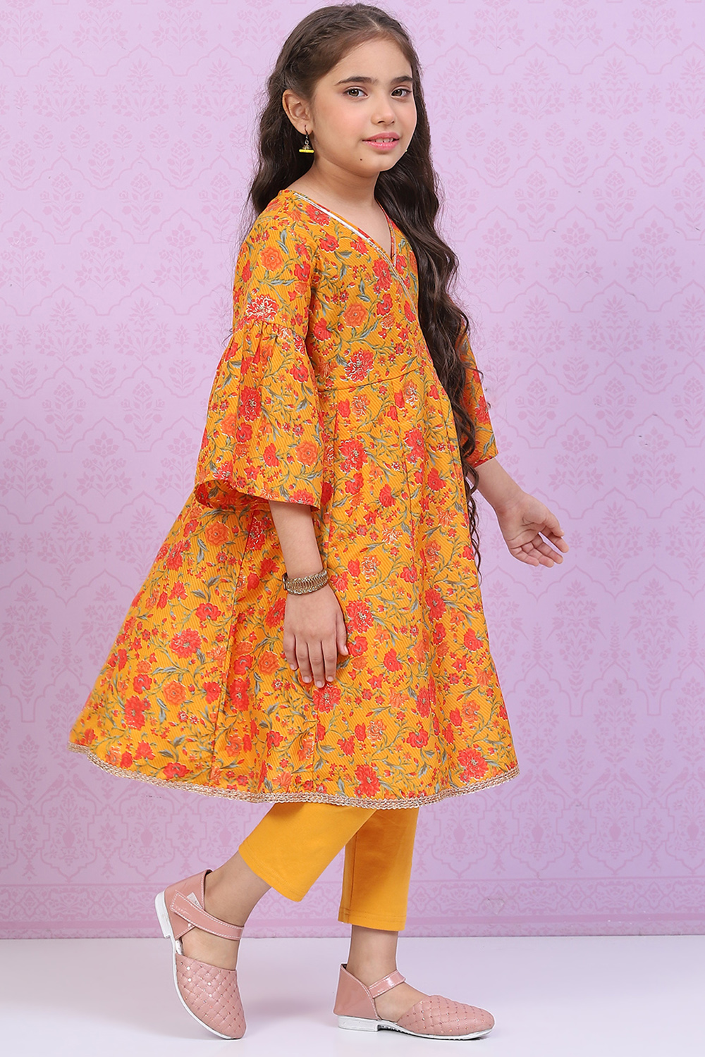 Ochre Art Silk Flared Printed Kurta Set image number 3