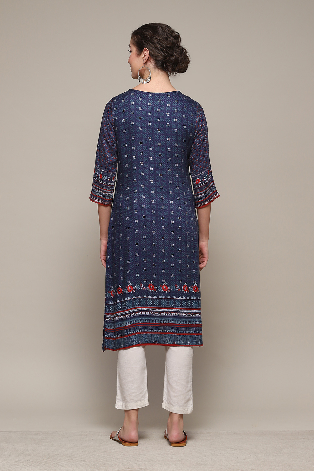 Navy LIVA Straight Printed Kurta image number 4