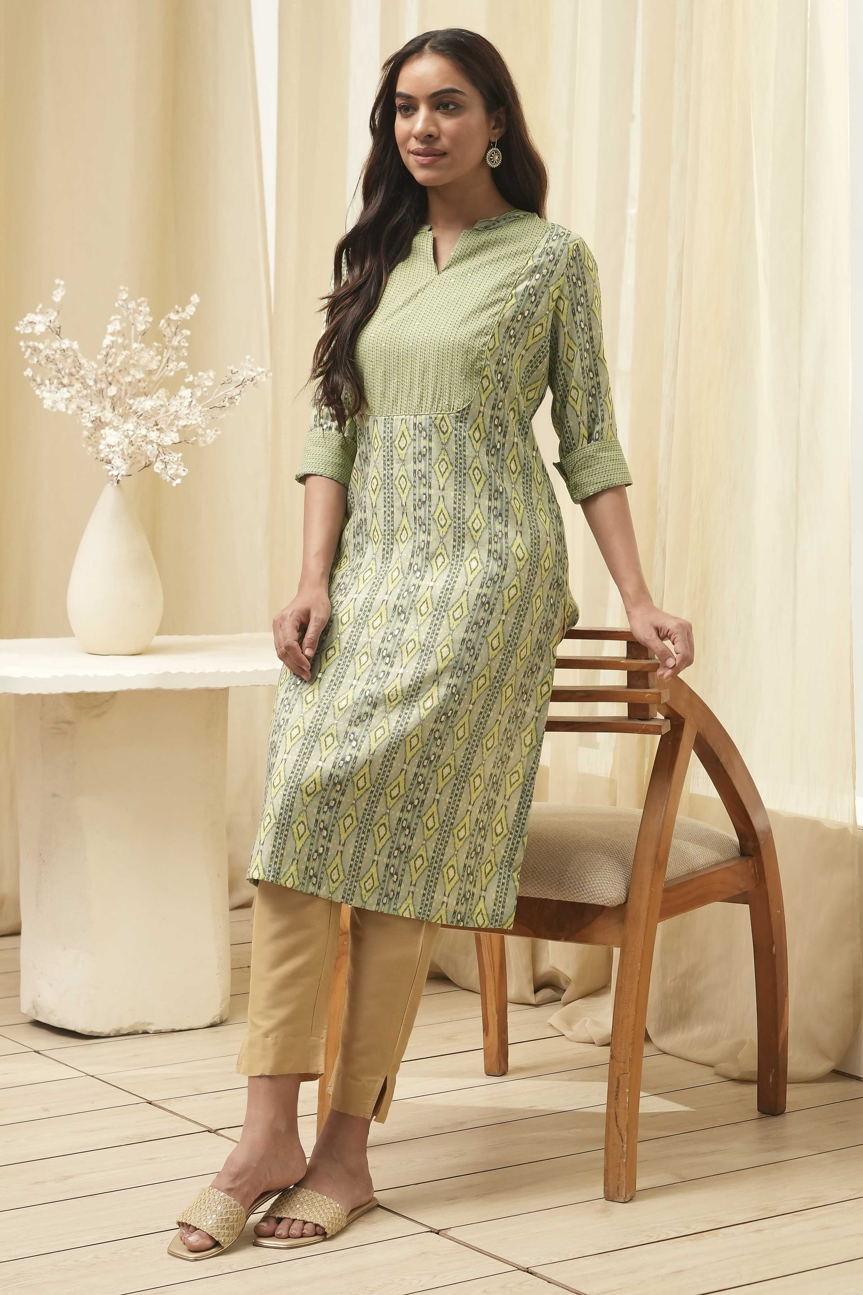 Green Poly Viscose Straight Printed Kurta image number 0