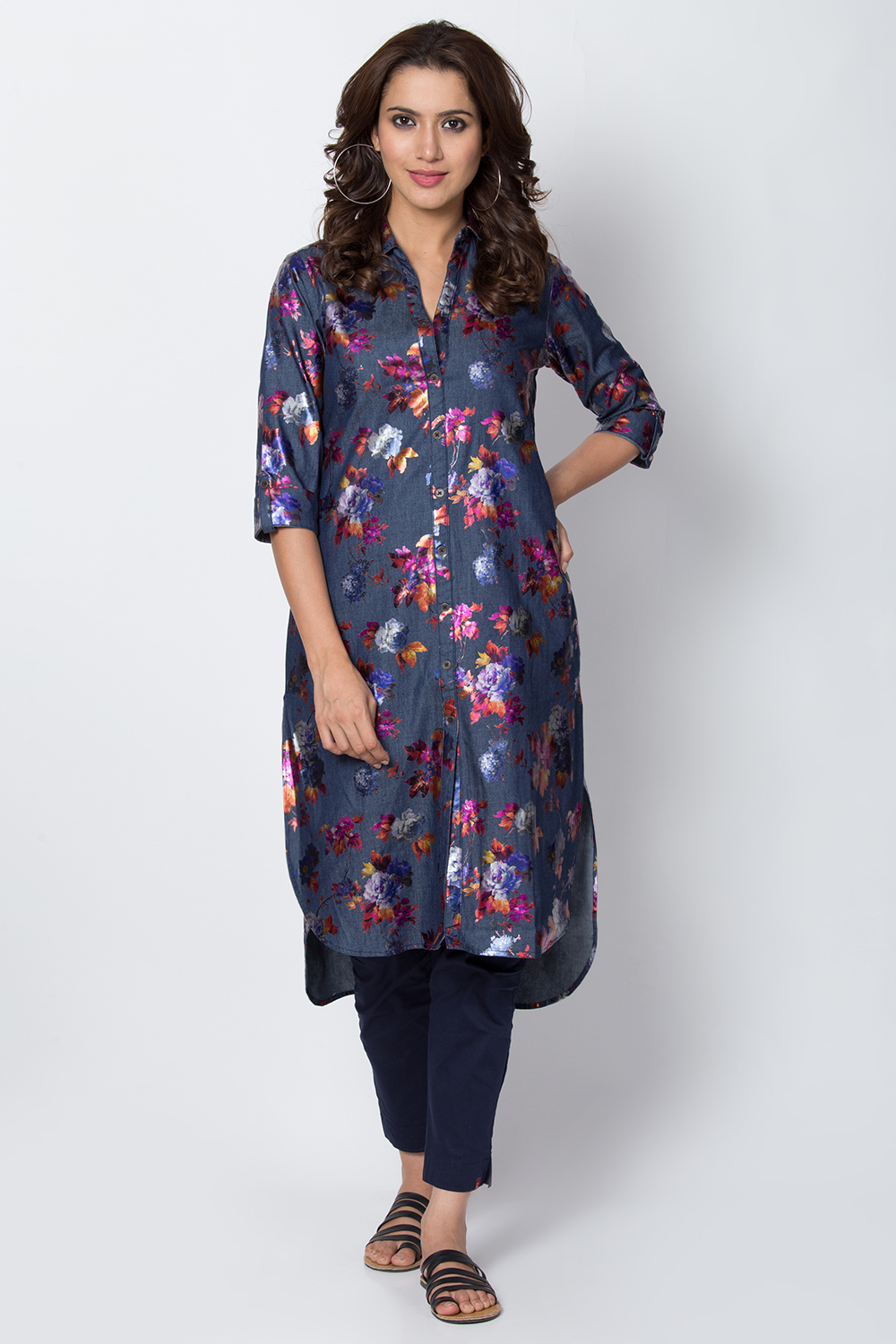 Denim Blue Cotton Straight Printed Kurta image number 0