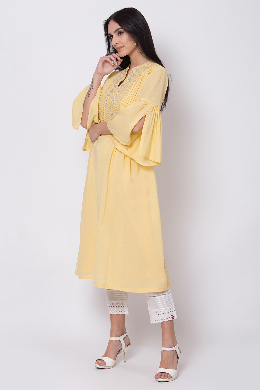 Yellow Viscose Cotton A-Line Kurta image number 2