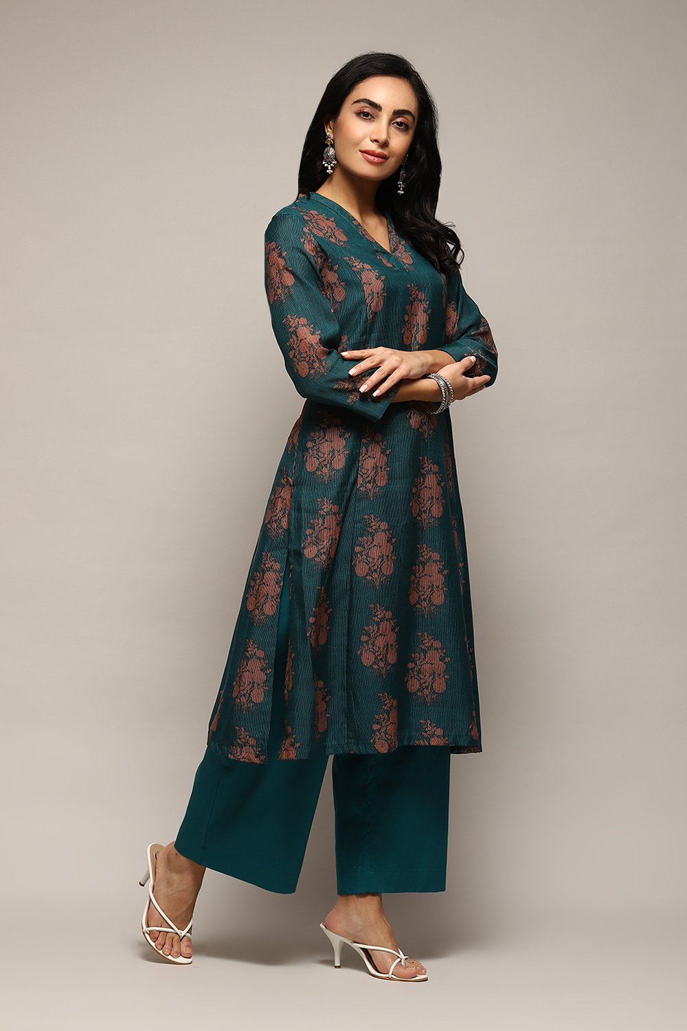 Pink Poly Chanderi A-Line Printed Kurta Palazzo Suit Set image number 0