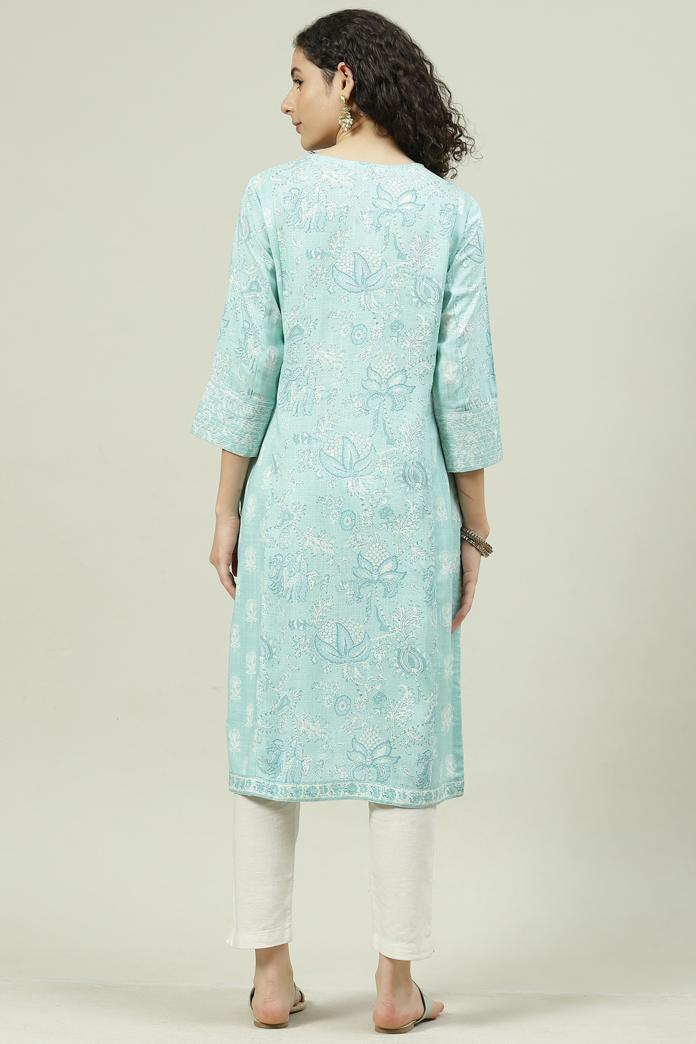 Turquoise Rayon Straight Printed Kurta image number 4