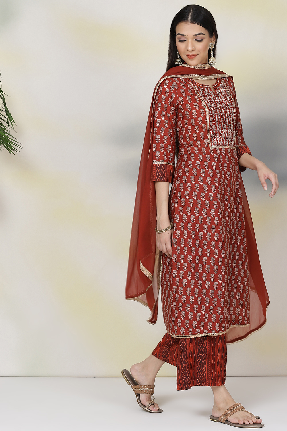 Terracotta Red Art Silk Straight Kurta Palazzo Suit Set image number 5