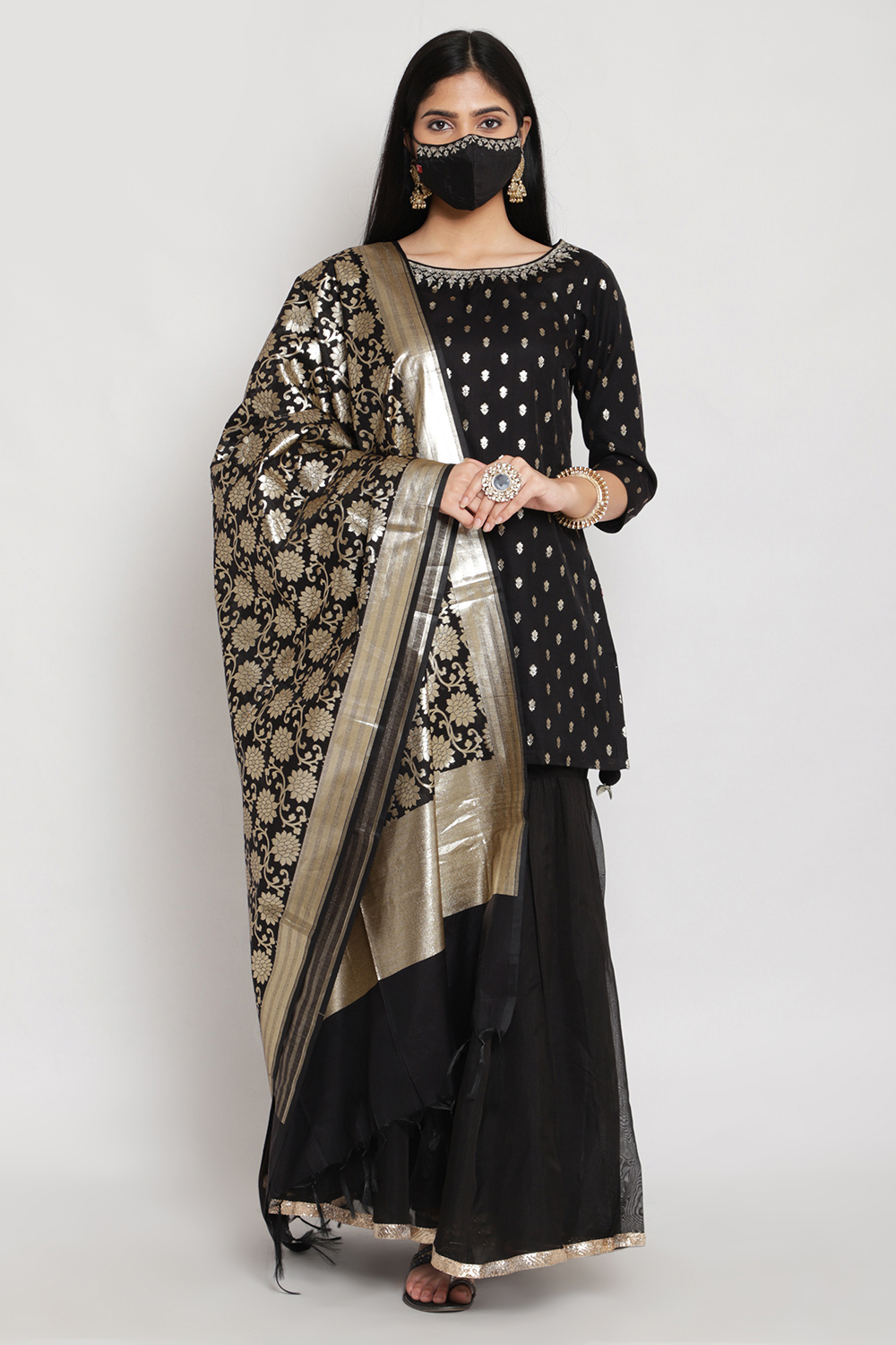 Black Metallic Kurta Garara Suit Set image number 0