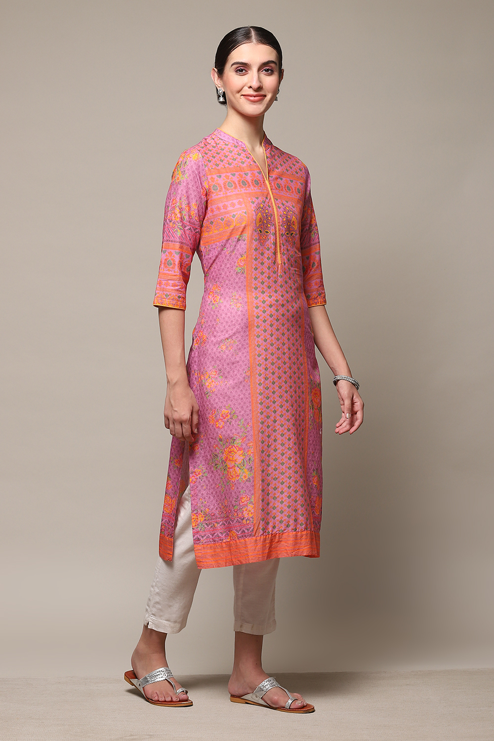 Pink Cotton Straight Printed Kurta image number 3