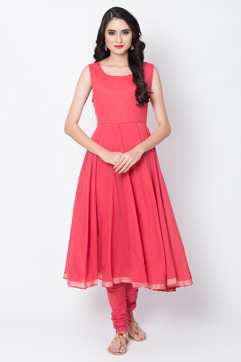 Coral Cotton Blend Flared Kurta Churidar Suit Set image number 2