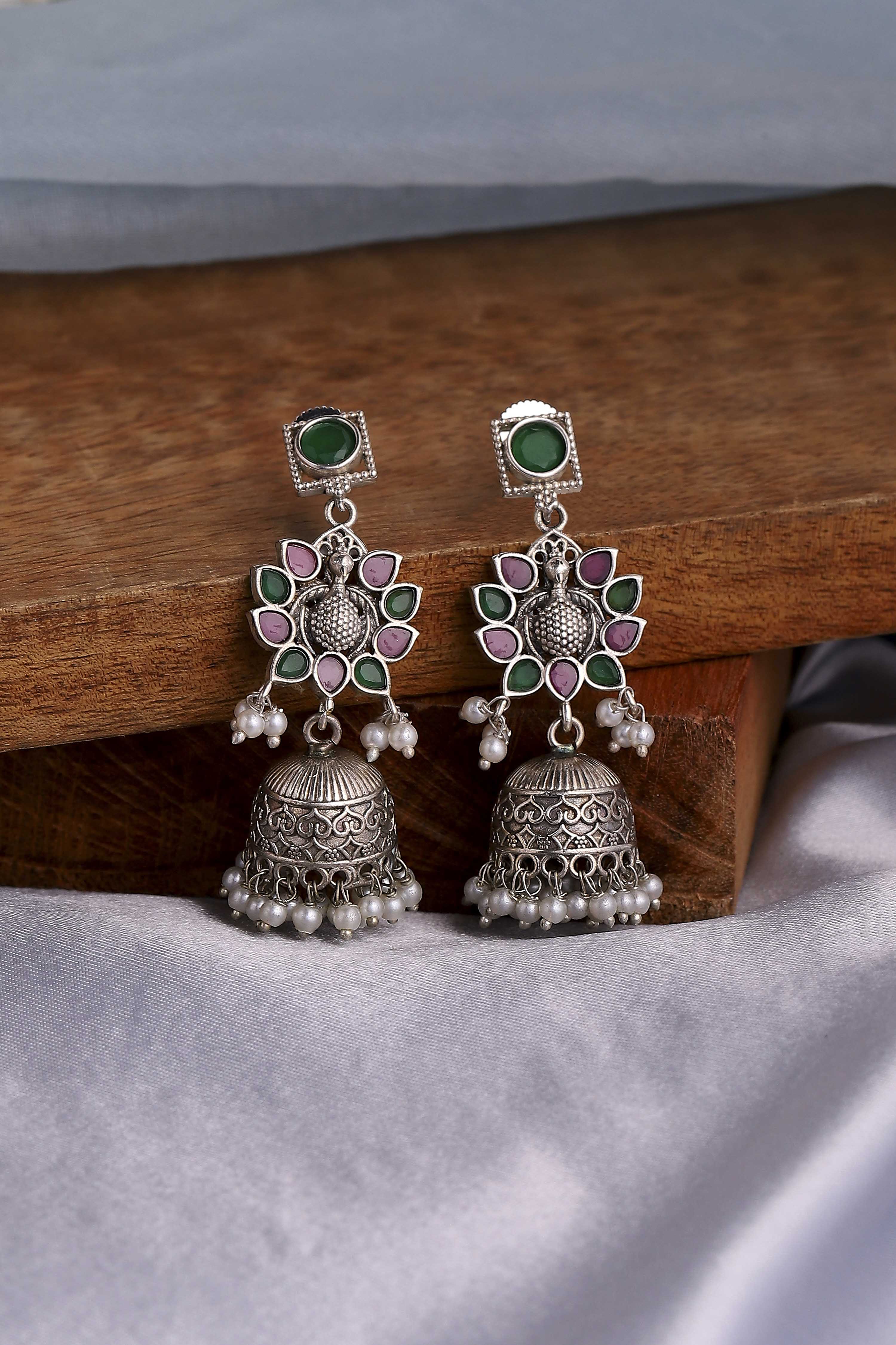 Multicolour Brass Oxidised Studded Jhumkas image number 0