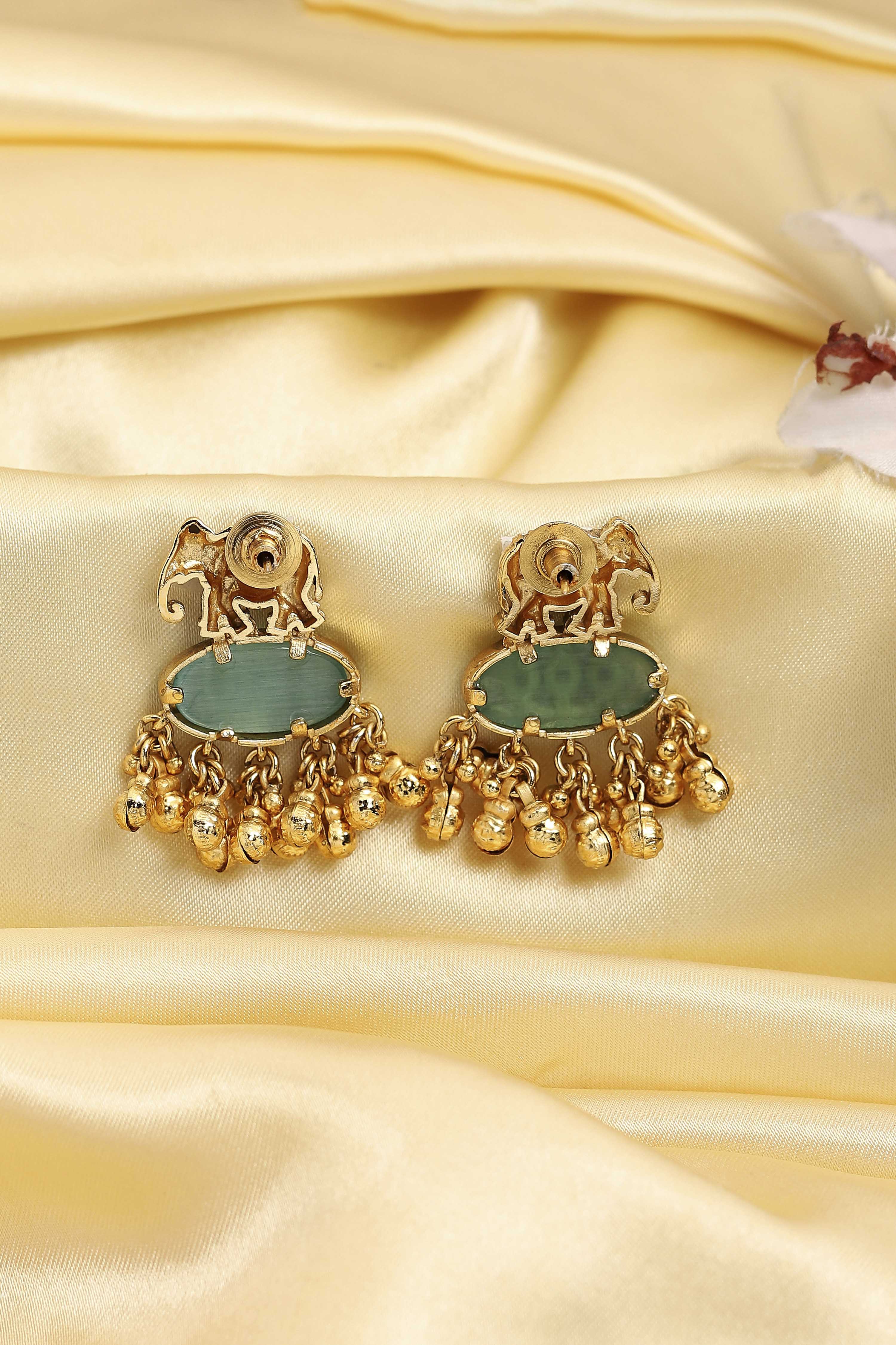 Green Gold Plated Brass Studded Drop Earrings image number 2