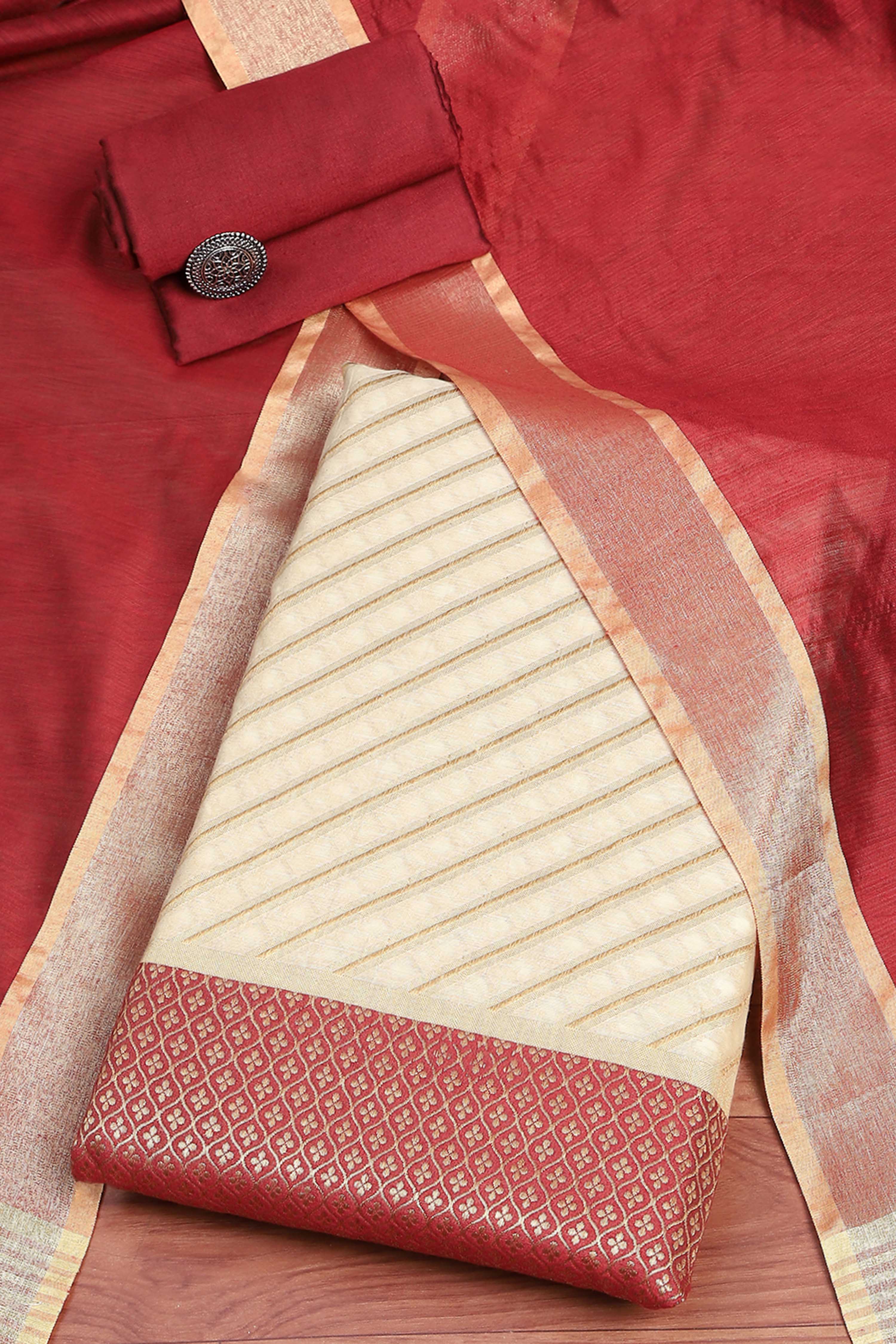 Rust Poly Silk Banarasi Unstitched Suit Set image number 0