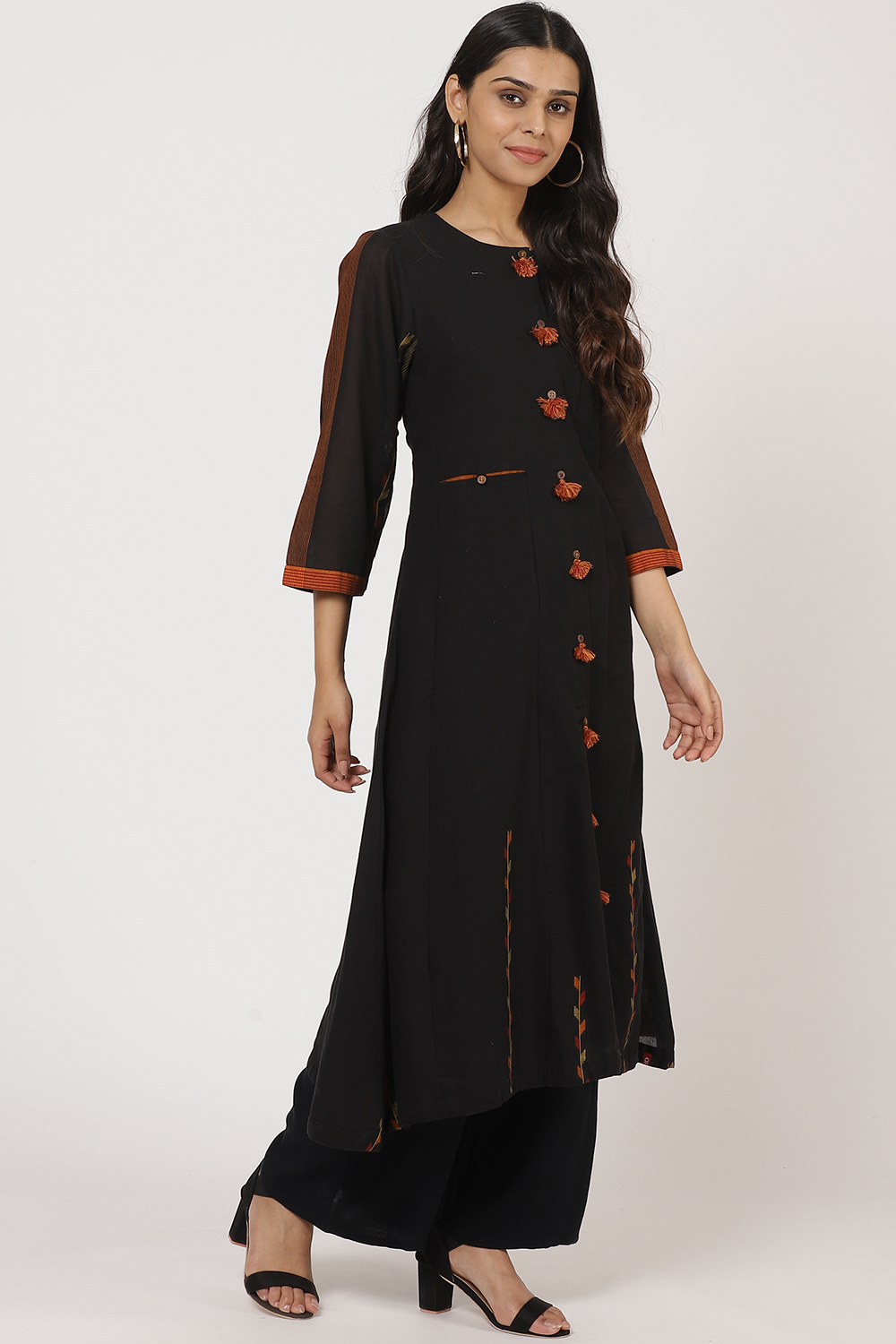 Black Cotton A-Line Yarndyed Kurta image number 4