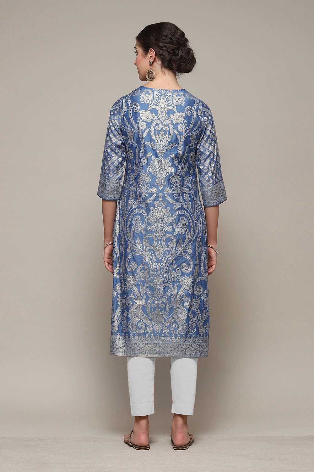 Blue Polyester Straight Printed Kurta image number 4