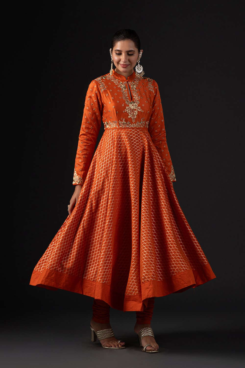 Rohit Bal Orange Cotton Silk Anarkali Printed Suit Set image number 6