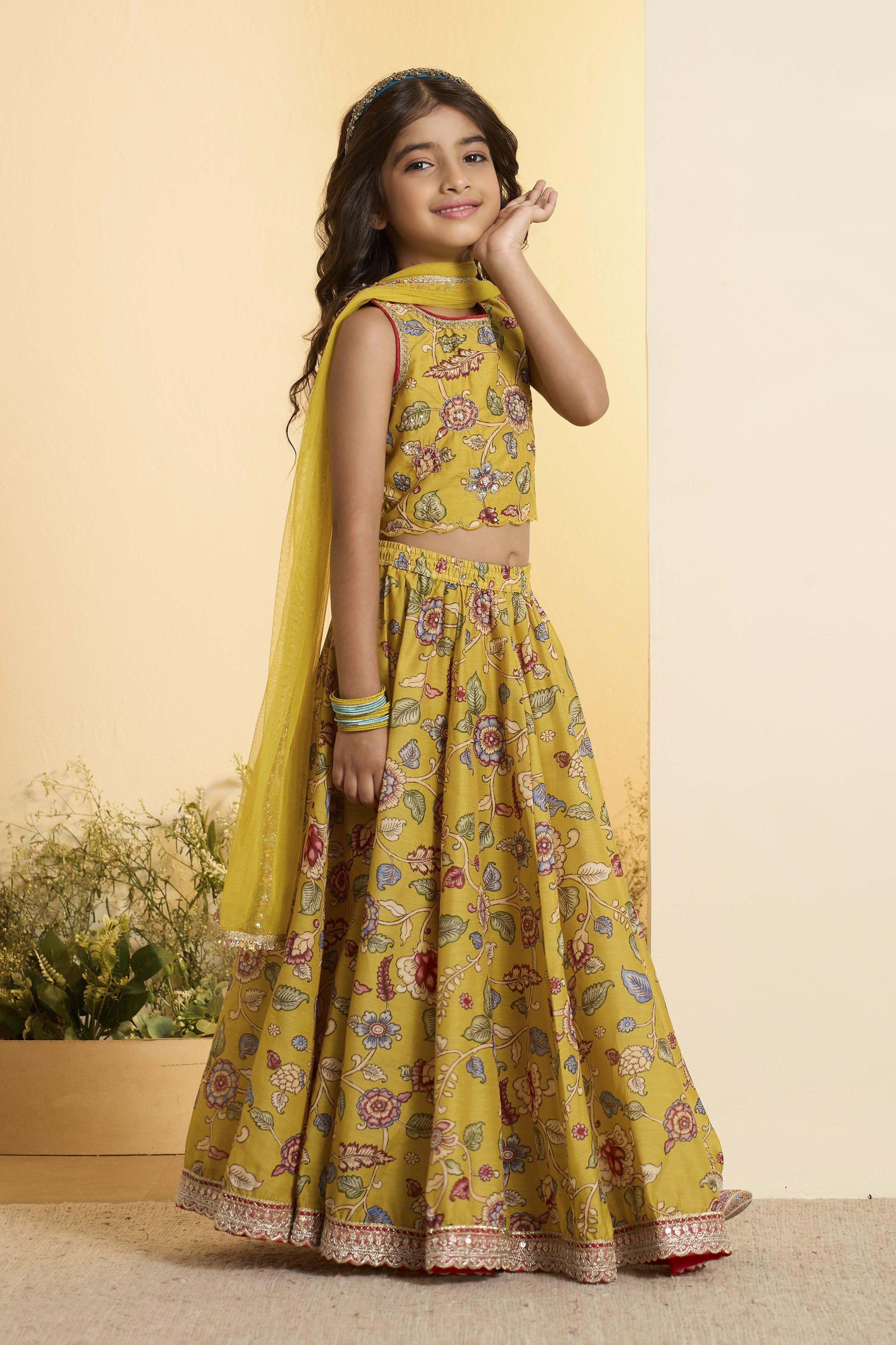Mustard Yellow Floral Flared Lehenga Set image number 5