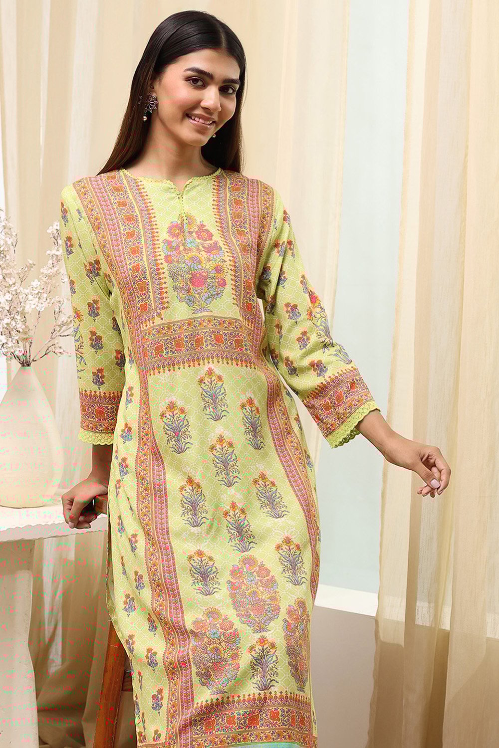 Green Viscose Rayon Straight Printed Kurta image number 6