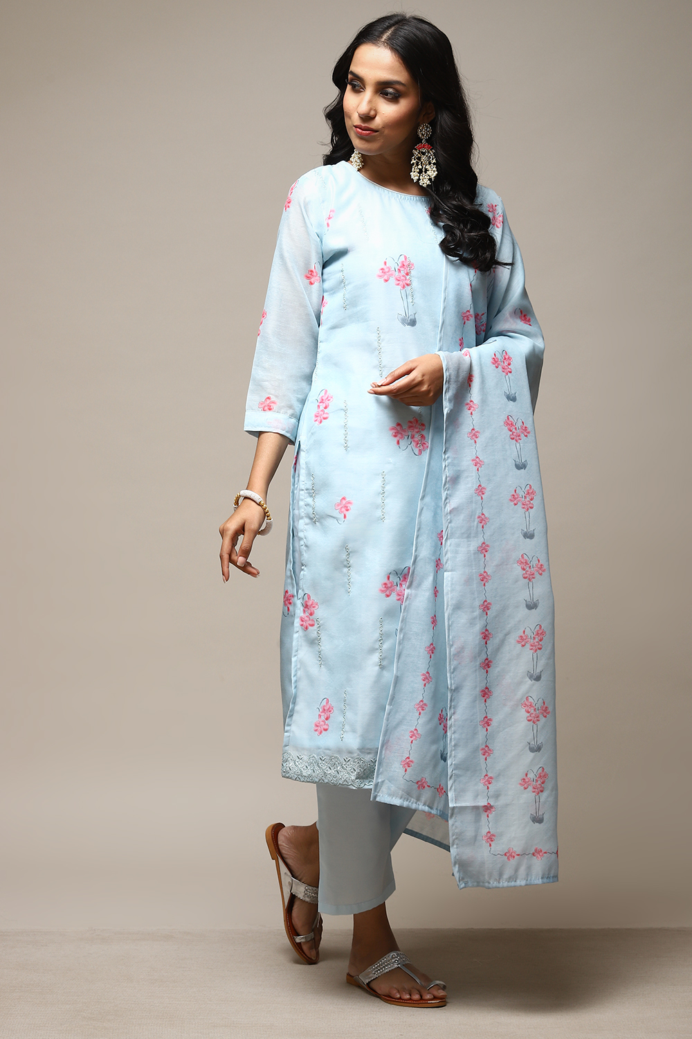 Light Blue Linen Machine Embroidered Unstitched Suit Set image number 7