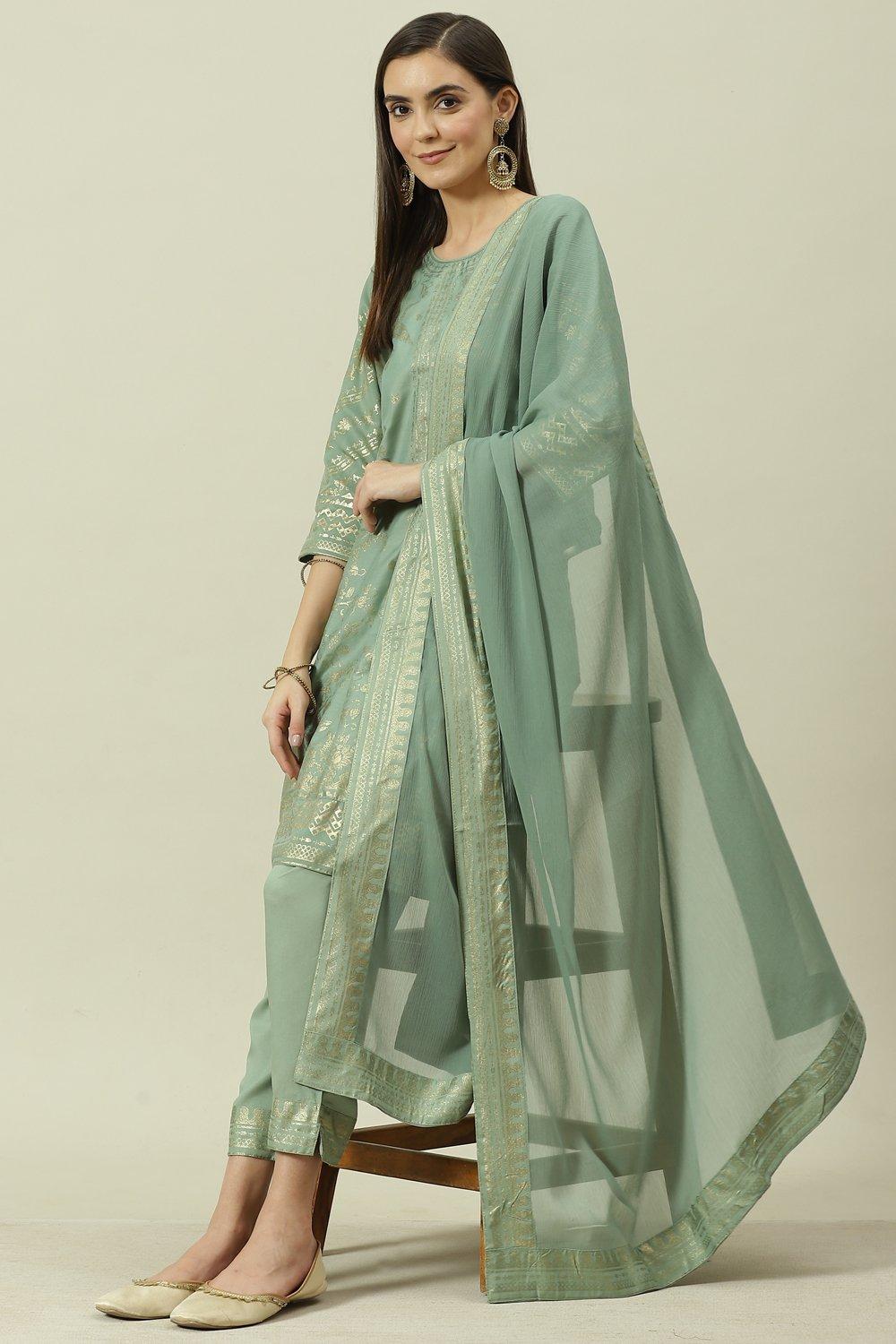 Sage Green Printed Straight Kurta Slim Pants Suit Set image number 7