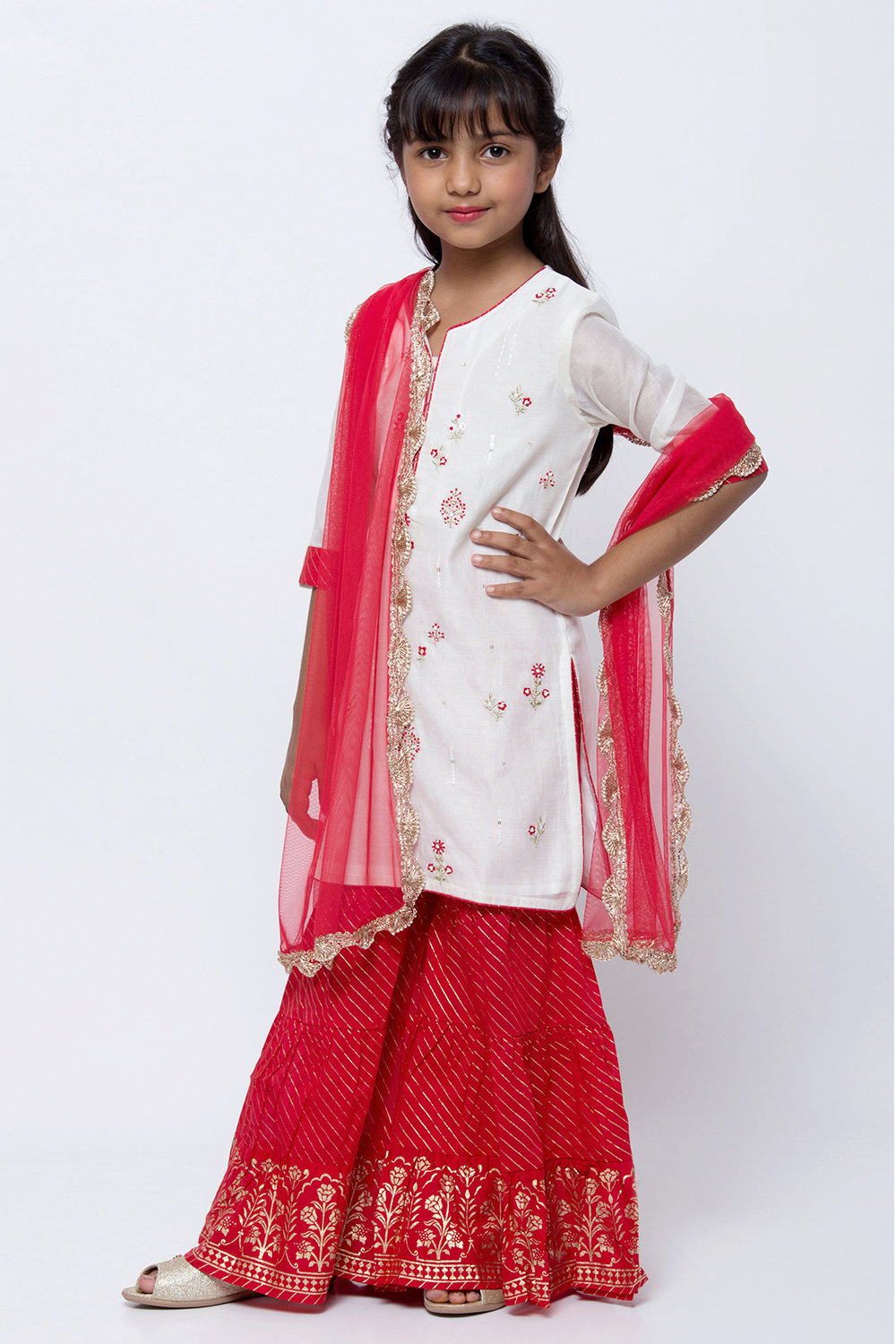 Off White And Red Cotton Sharara Kurta Sharara Suit Set image number 2