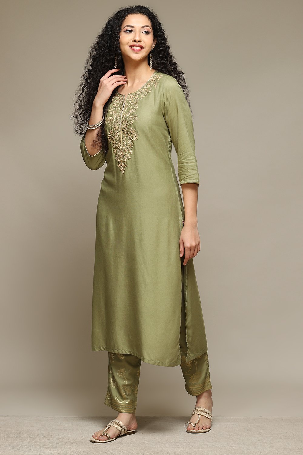 Sap Green Rayon Straight Kurta Palazzo 2 Piece Set image number 0