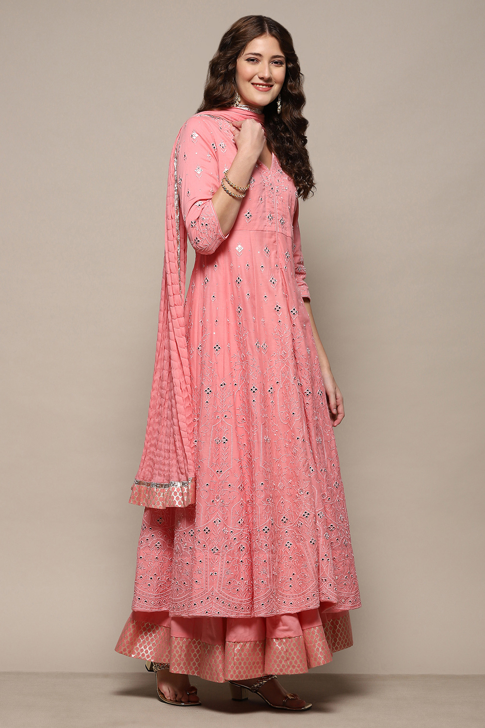 Off White Cotton Anarkali Lehenga Set image number 6