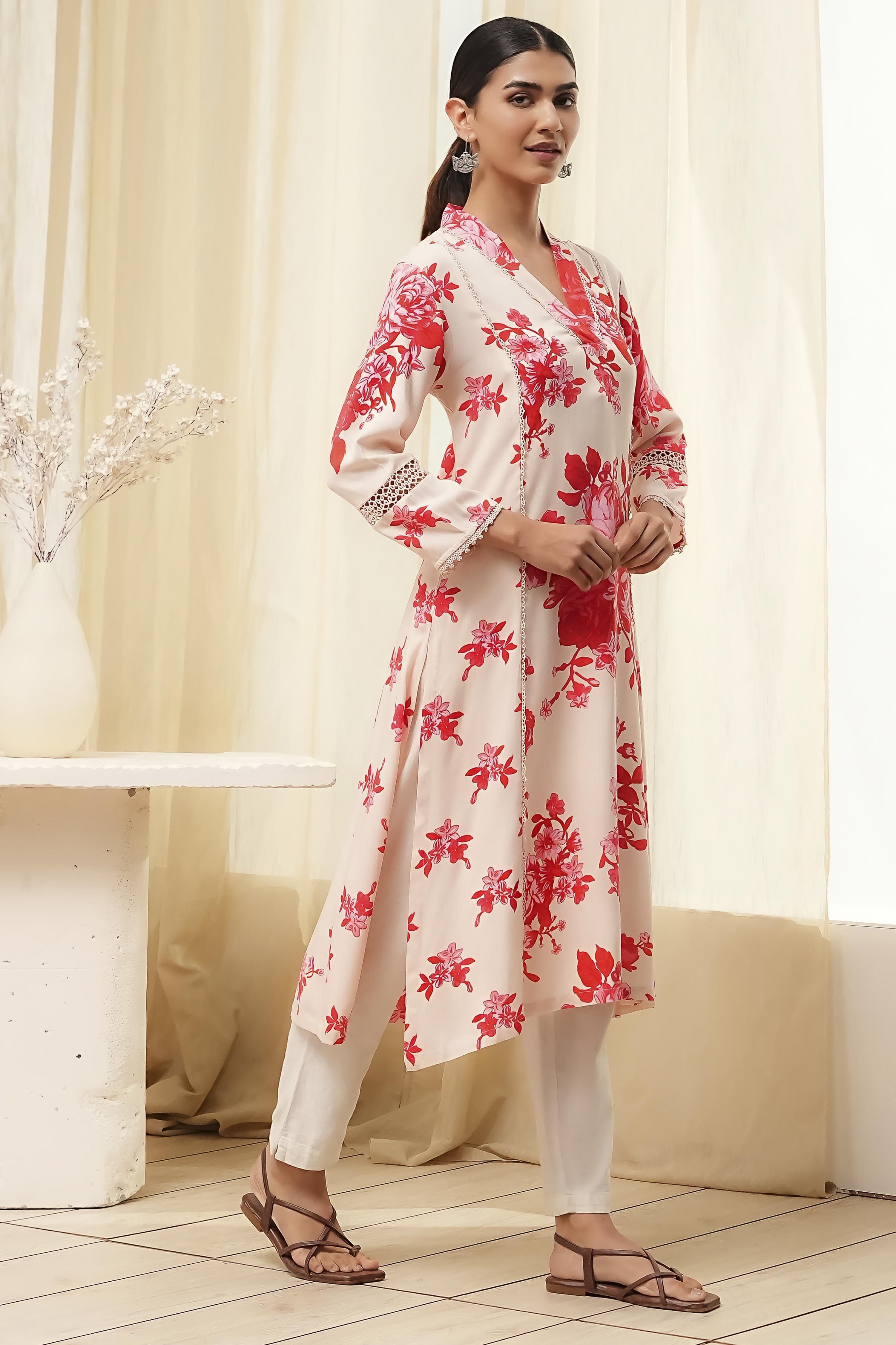 Red and Off-White Floral Printed Straight Kurta image number 5