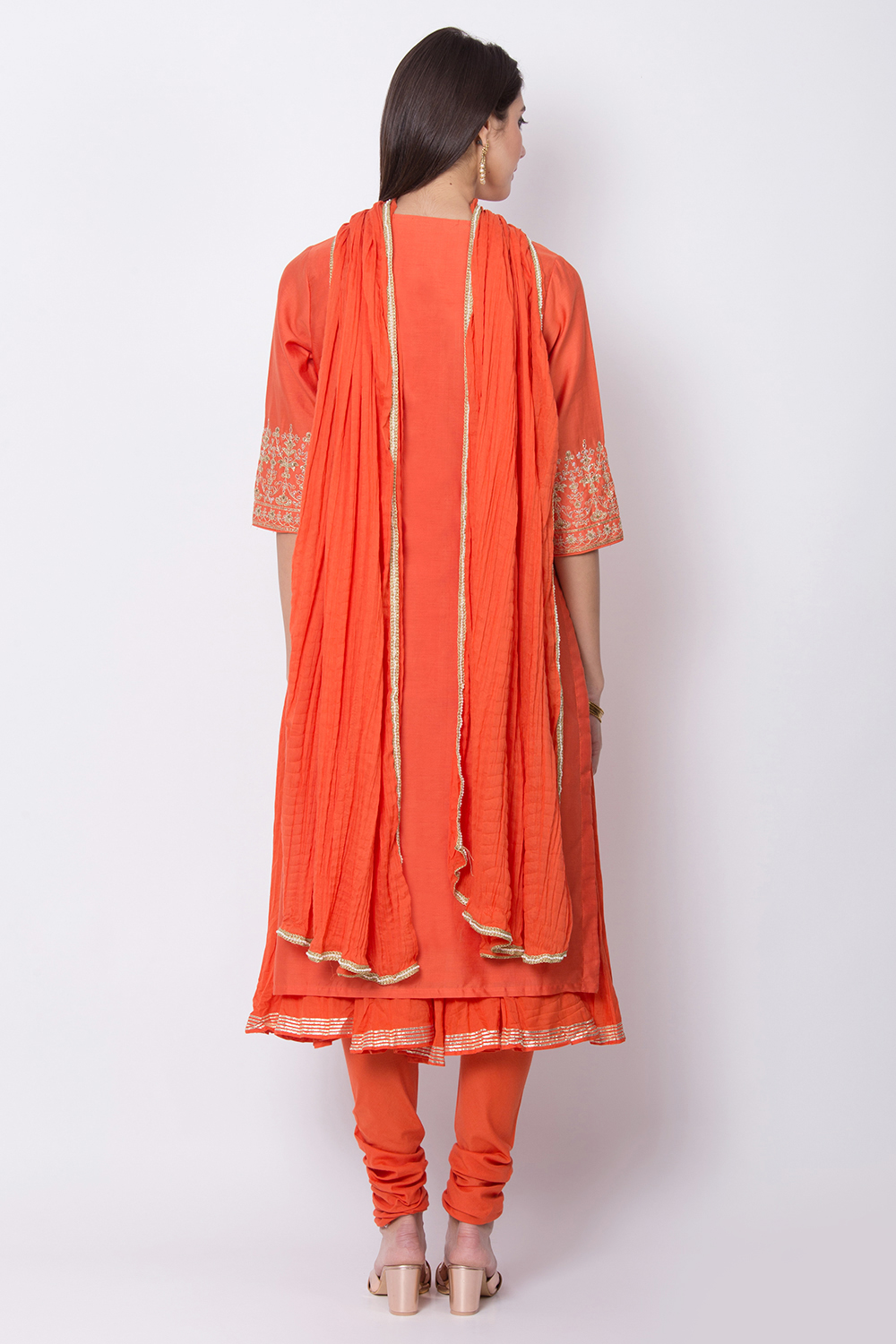Orange Cotton Blend Silk Flared Kurta Churidar Suit Set image number 5