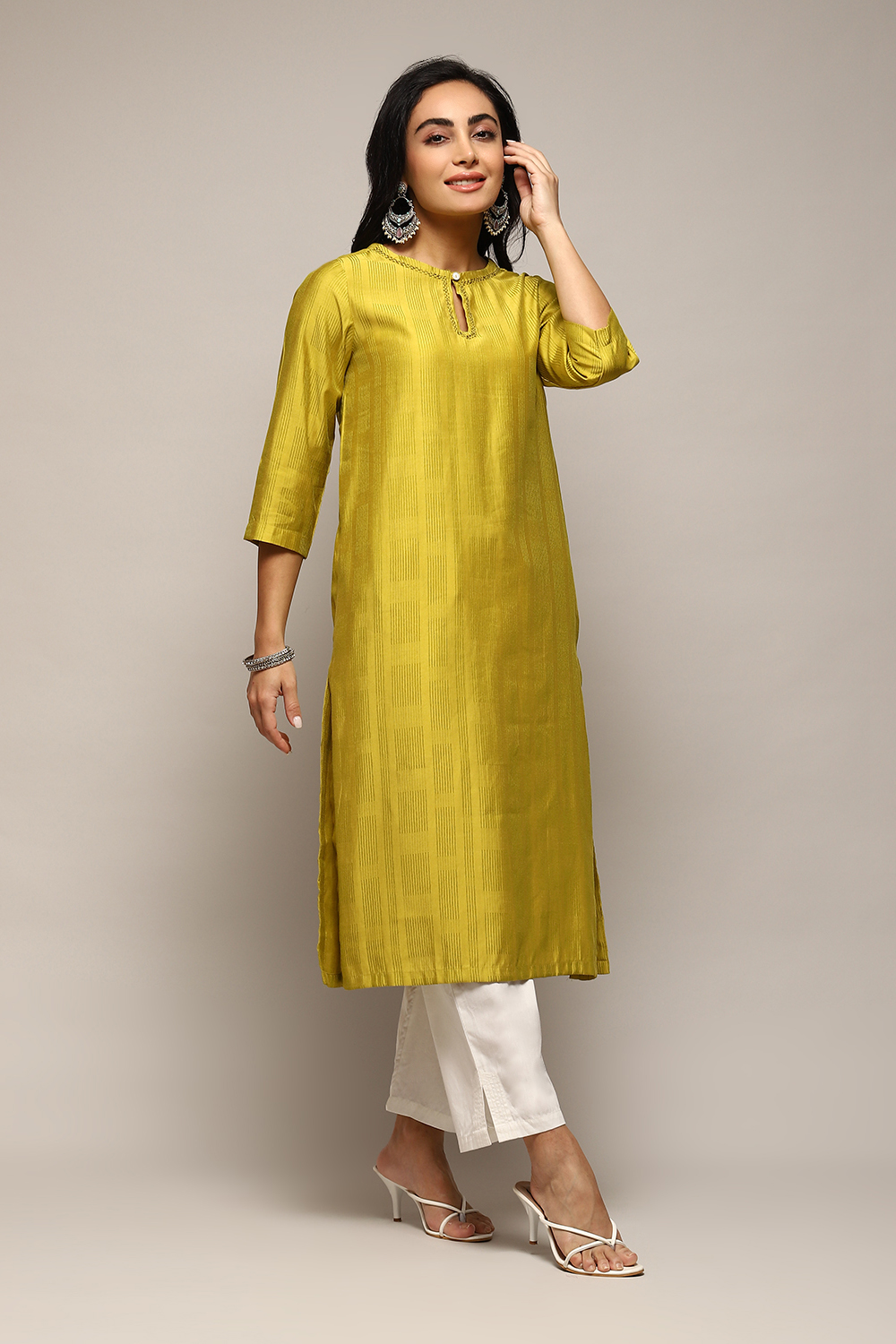 Neon Green Poly Viscose Straight Yarndyed Kurta image number 5