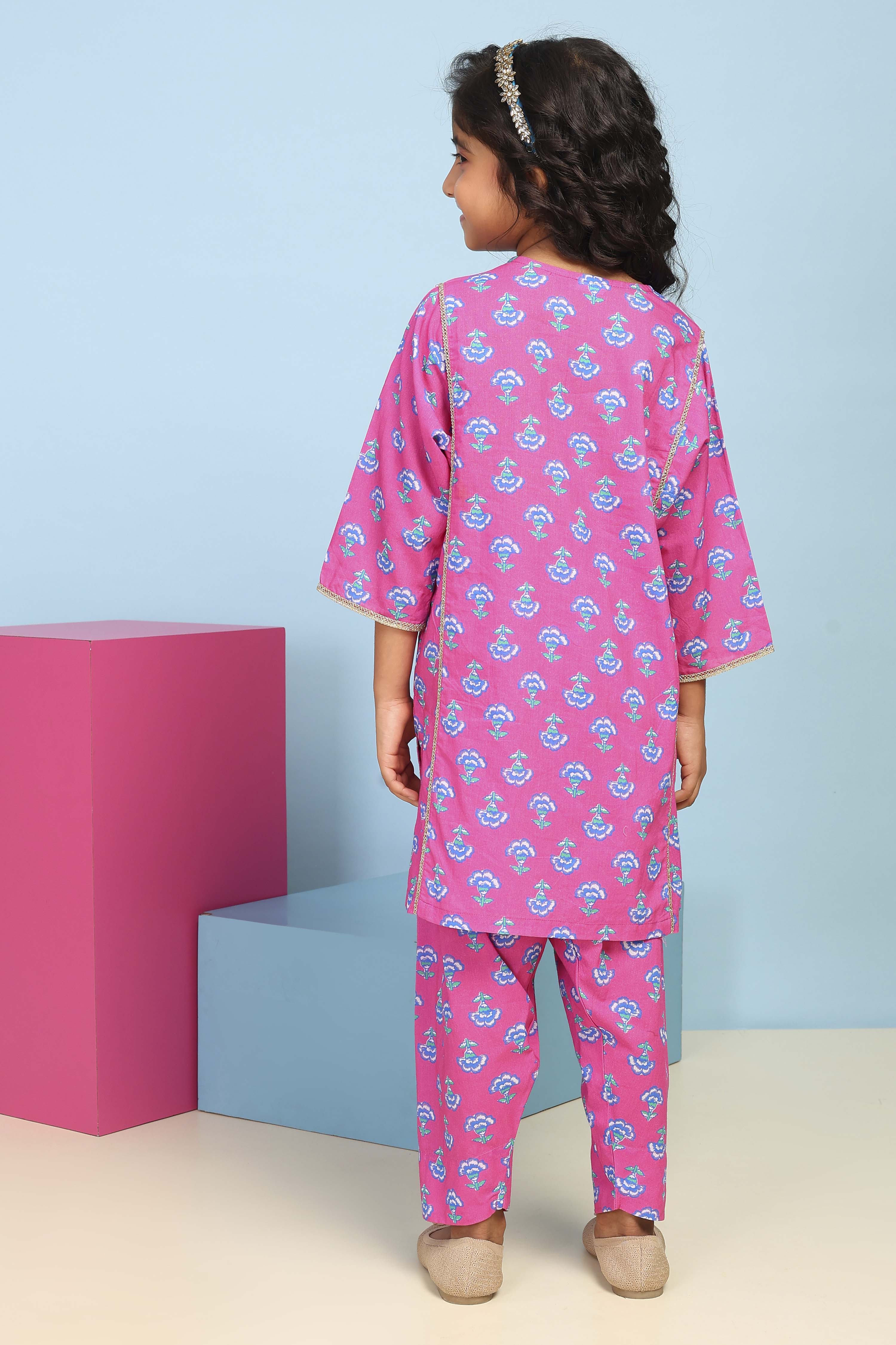 Blue Cotton Printed Straight Suit Set image number 4