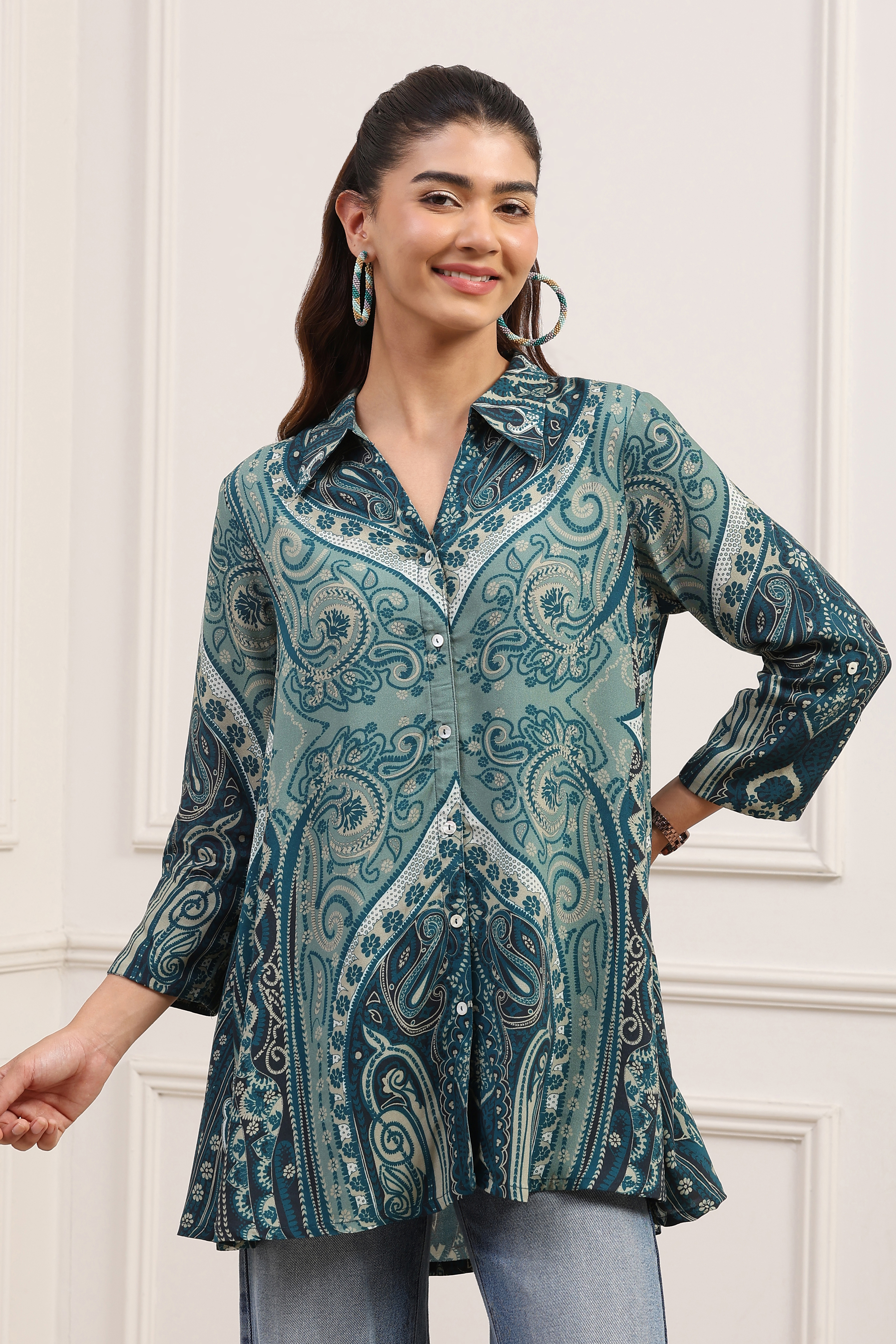 Teal LIVA Straight Printed Shirt image number 5