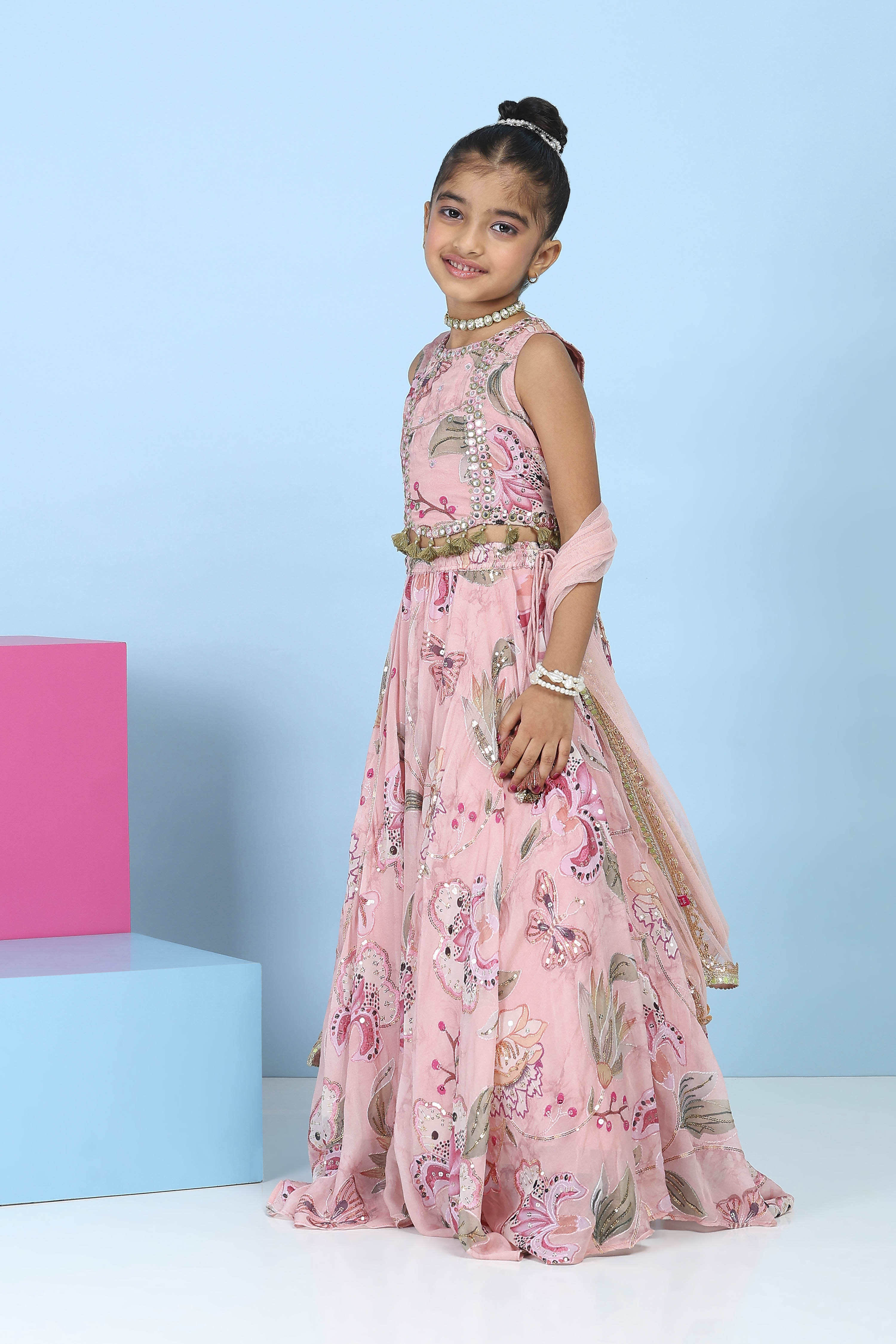 Pink Viscose Organza Floral Mirror Work Lehenga Set image number 3