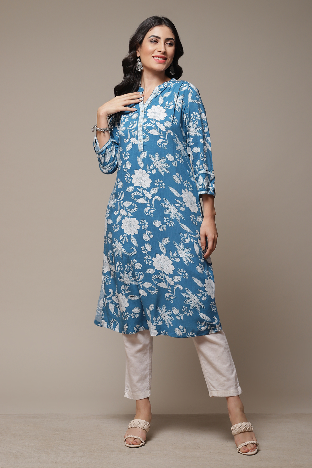 Sky Blue Rayon Straight Printed Kurta