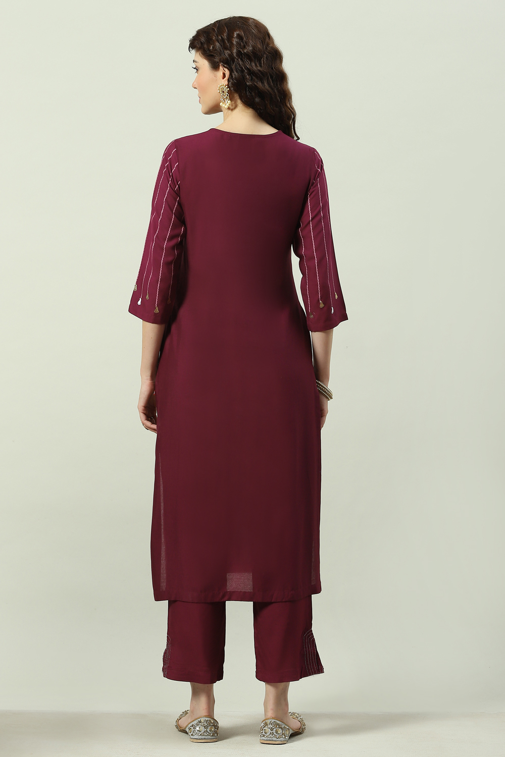 Plum Printed Rayon Straight Kurta Regular Pant Suit Set image number 4