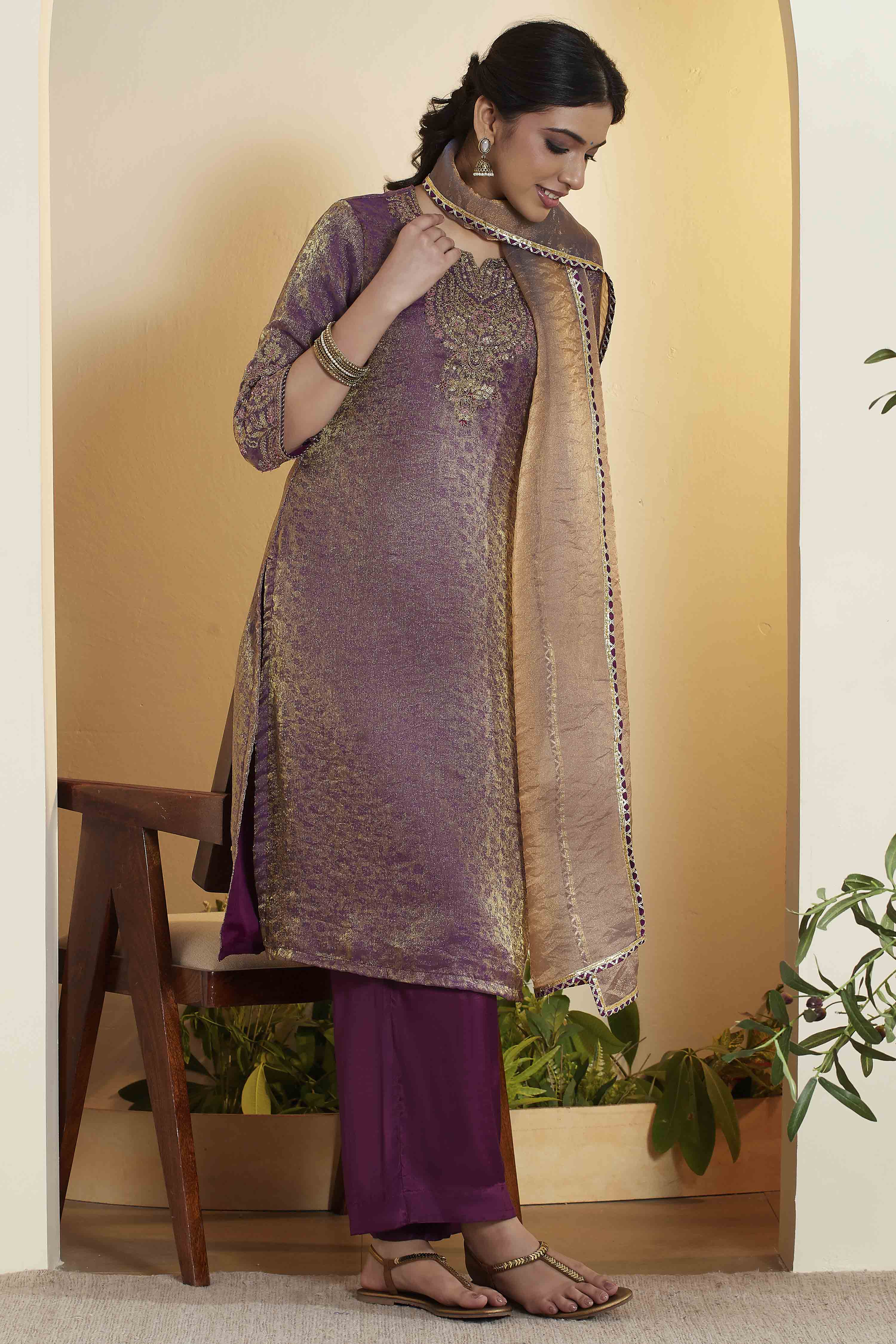 Purple Viscose Blend Straight Fusion Set image number 0