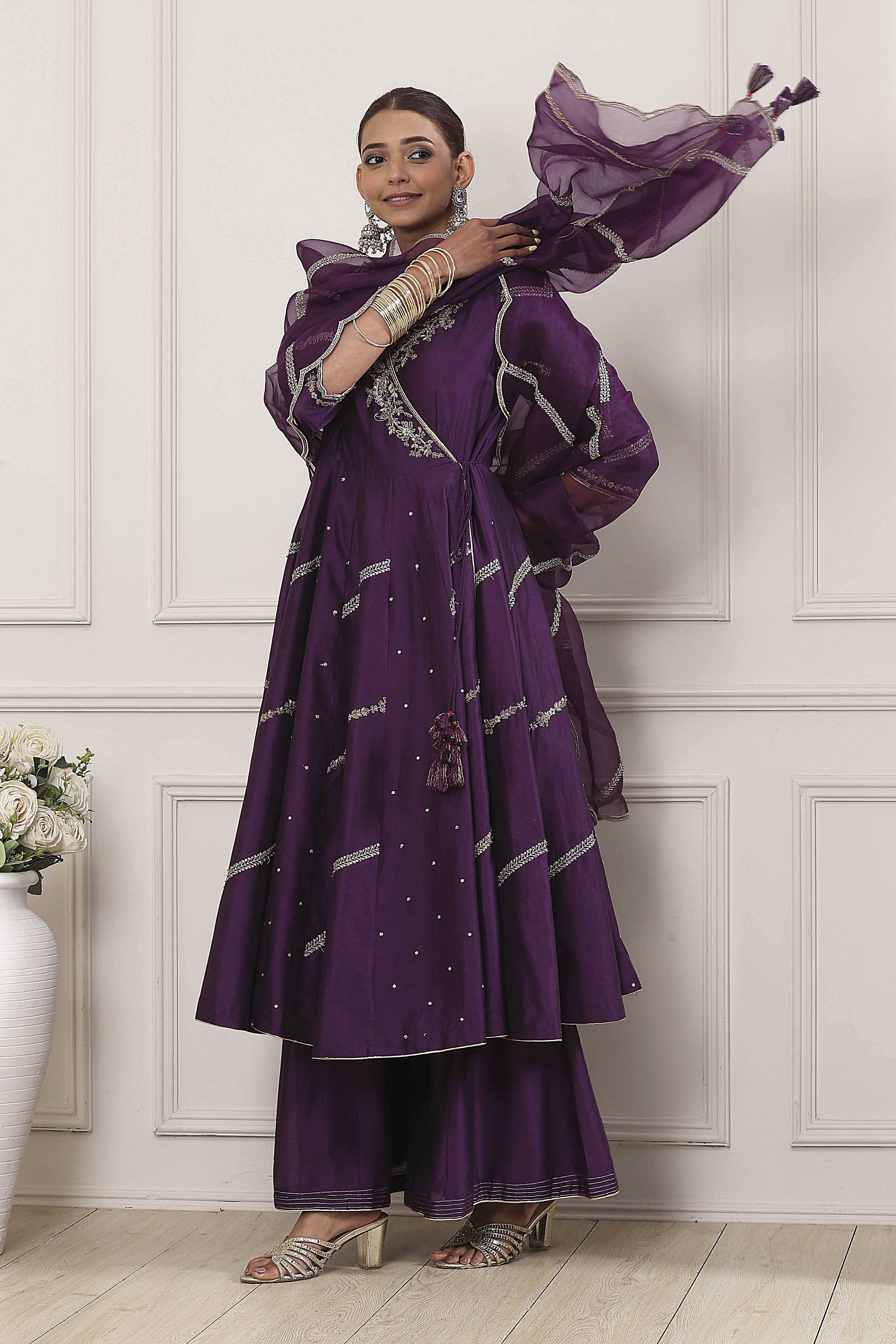 Purple Chanderi Silk Gota Embroidered Anarkali Suit Set image number 0