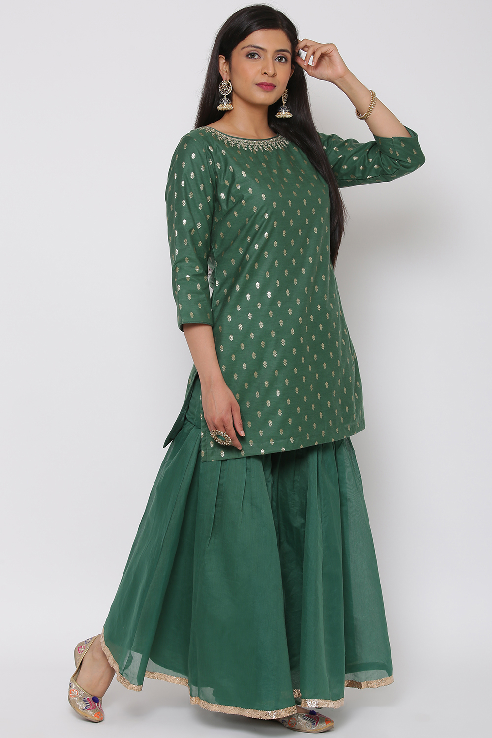 Green Poly Metallic Sharara Kurta Garara Suit Set image number 6