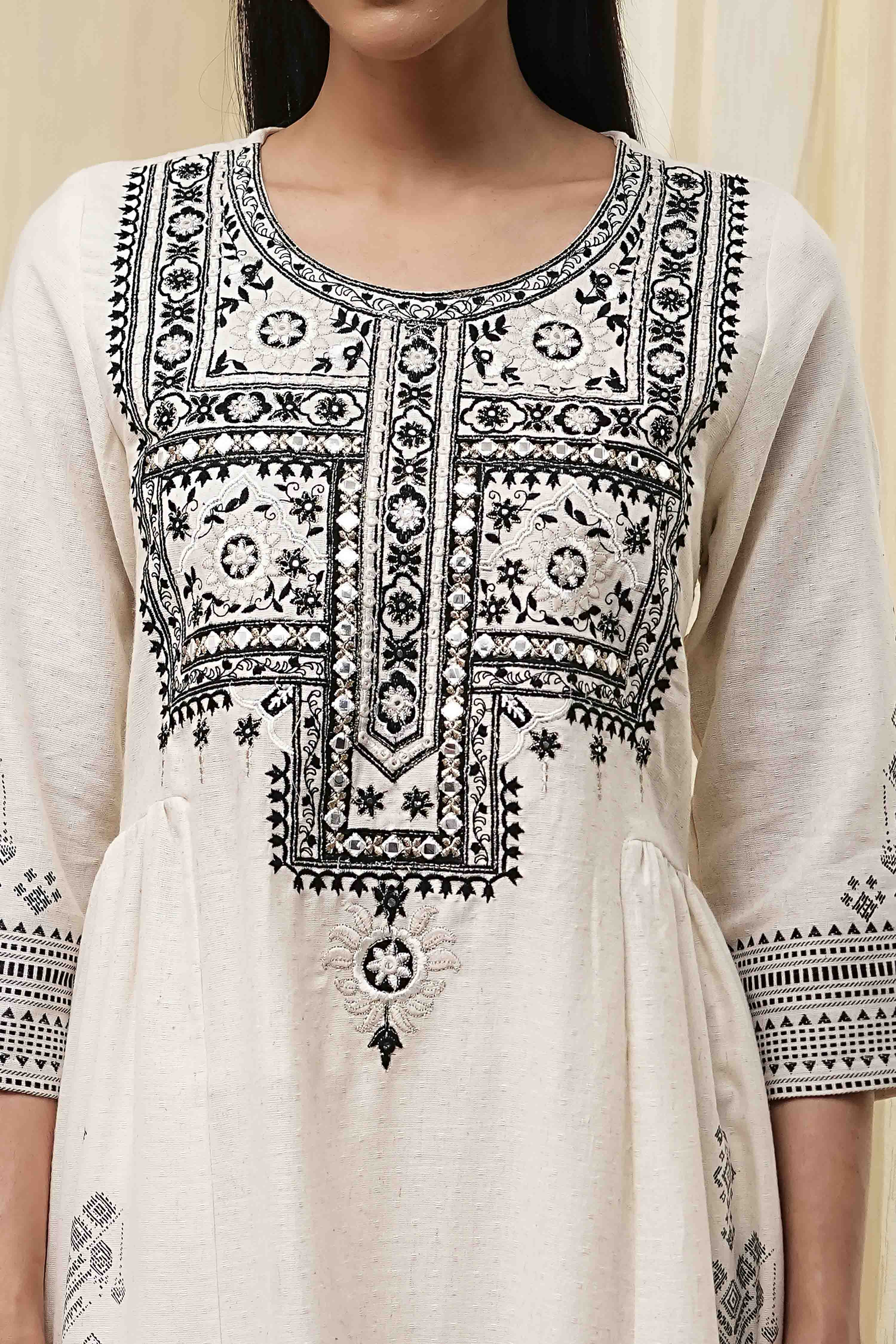 White and Black Cotton Gathered Kurta Set image number 1