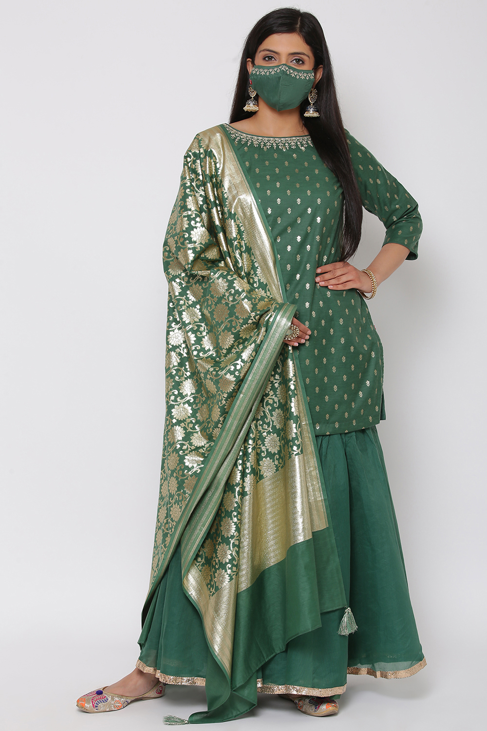 Green Poly Metallic Sharara Kurta Garara Suit Set image number 0