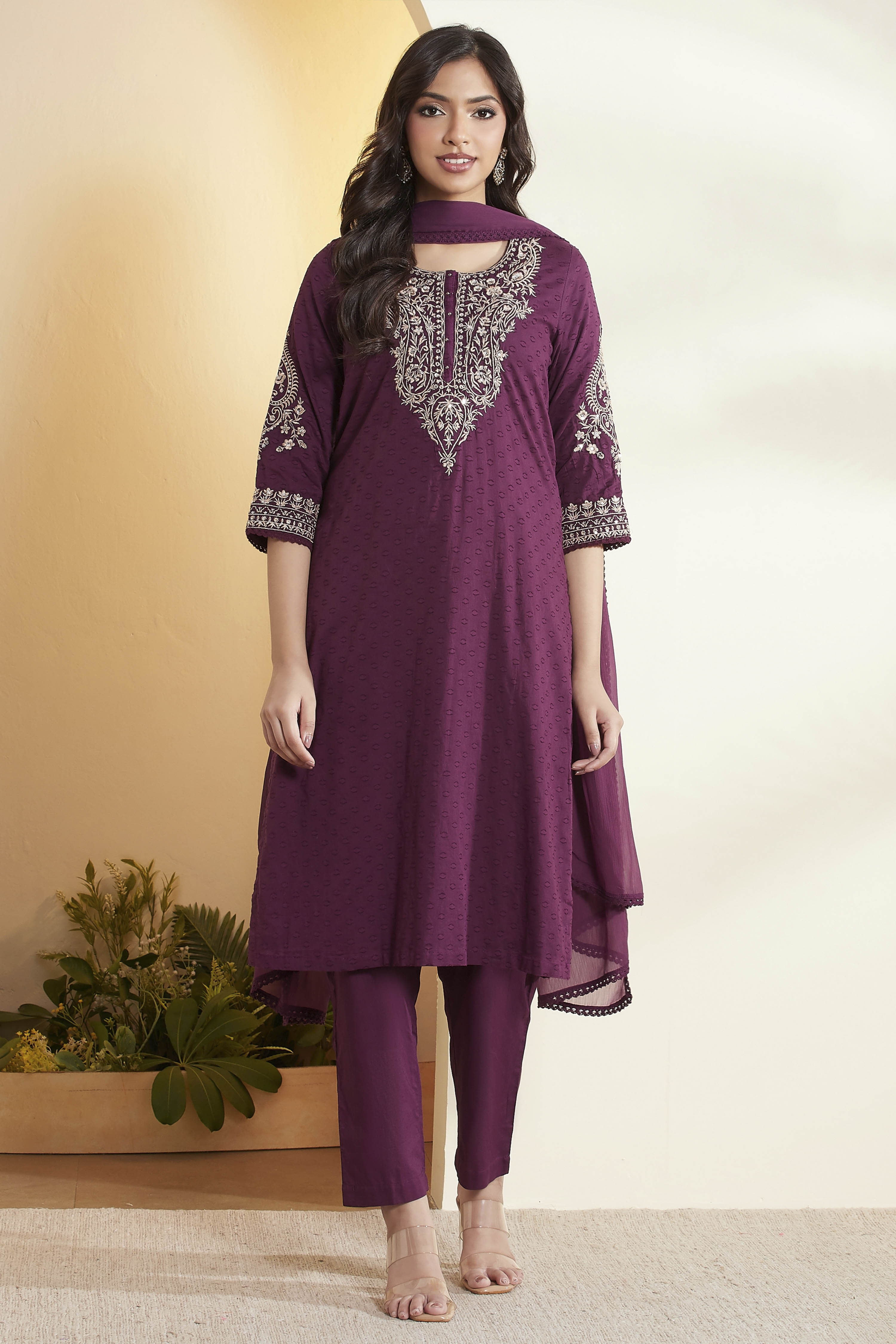 Purple Cotton Straight Suit Set image number 7