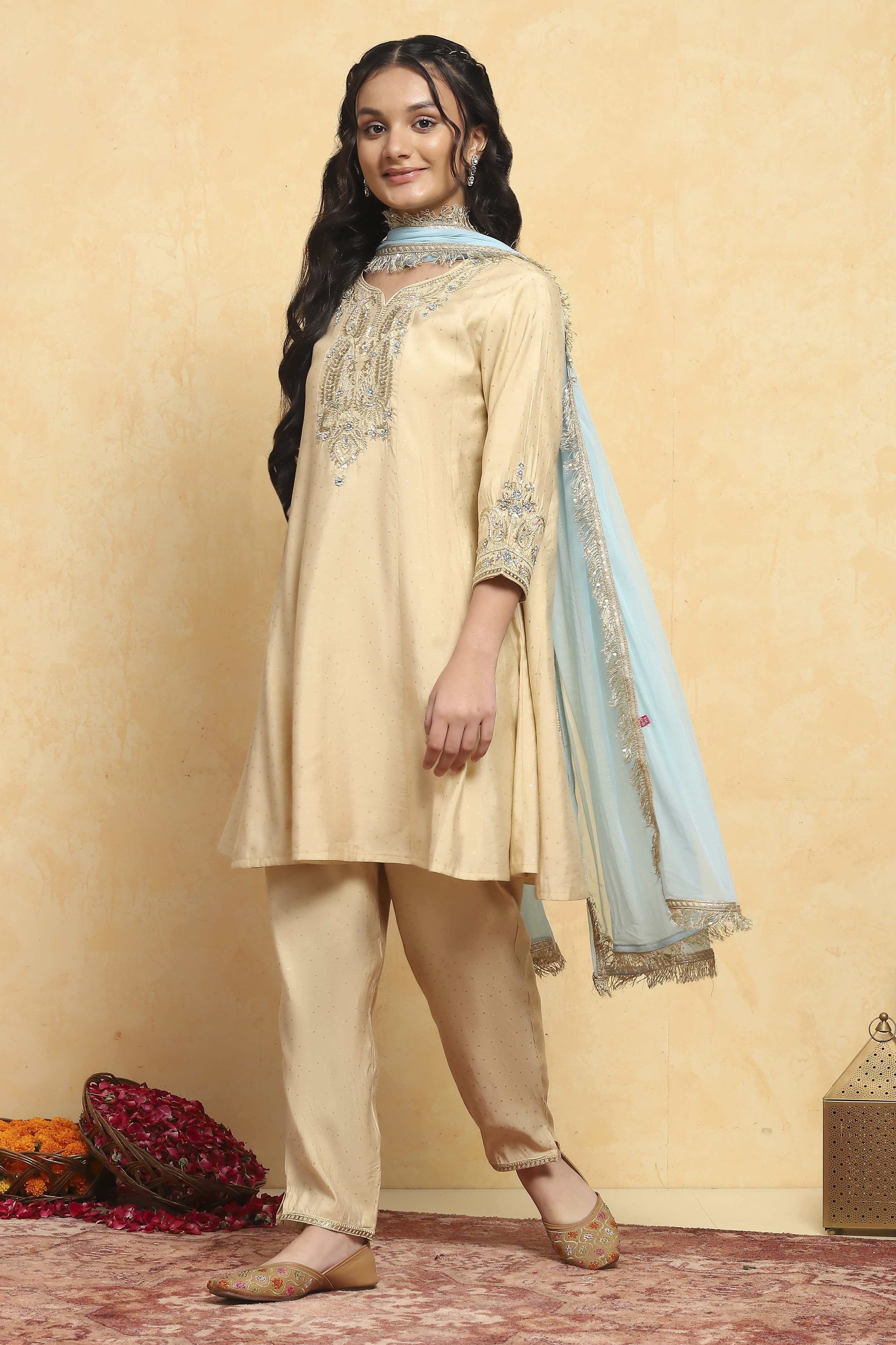Beige Viscose Blend Kalidar Suits image number 3