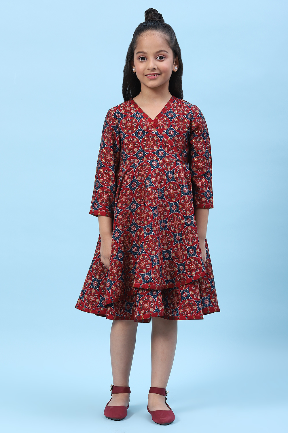 Maroon Silk Asymmetric Printed Dress image number 6