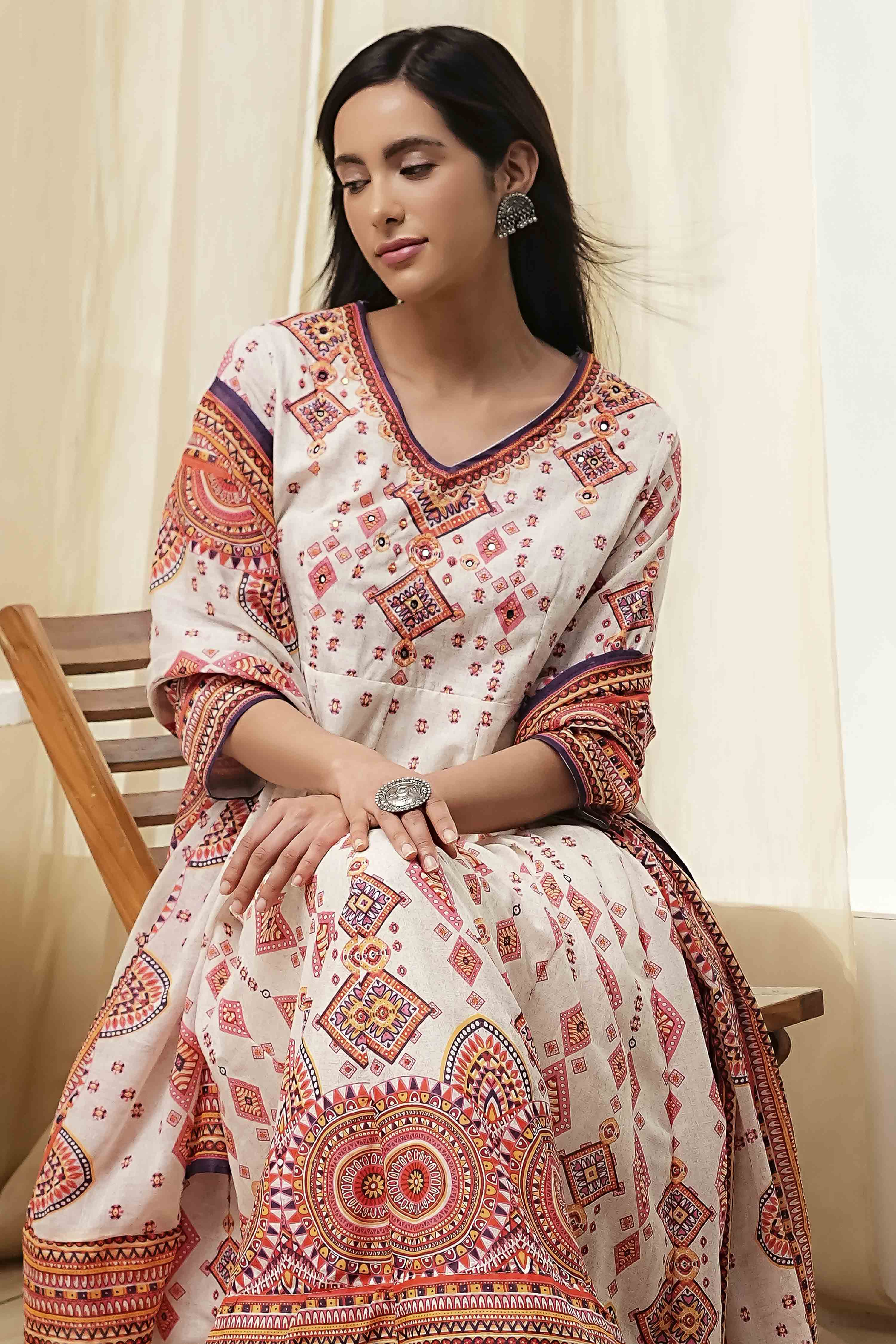 Ecru Cotton Printed Anarkali Suit Set image number 7