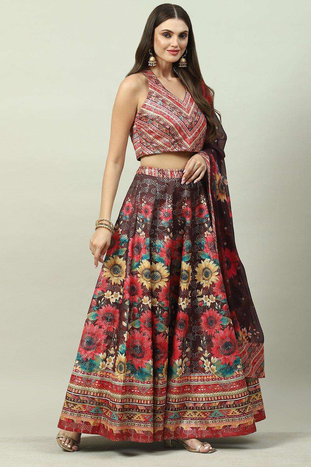 Chocolate Brown Cotton Blend Lehenga Set image number 6