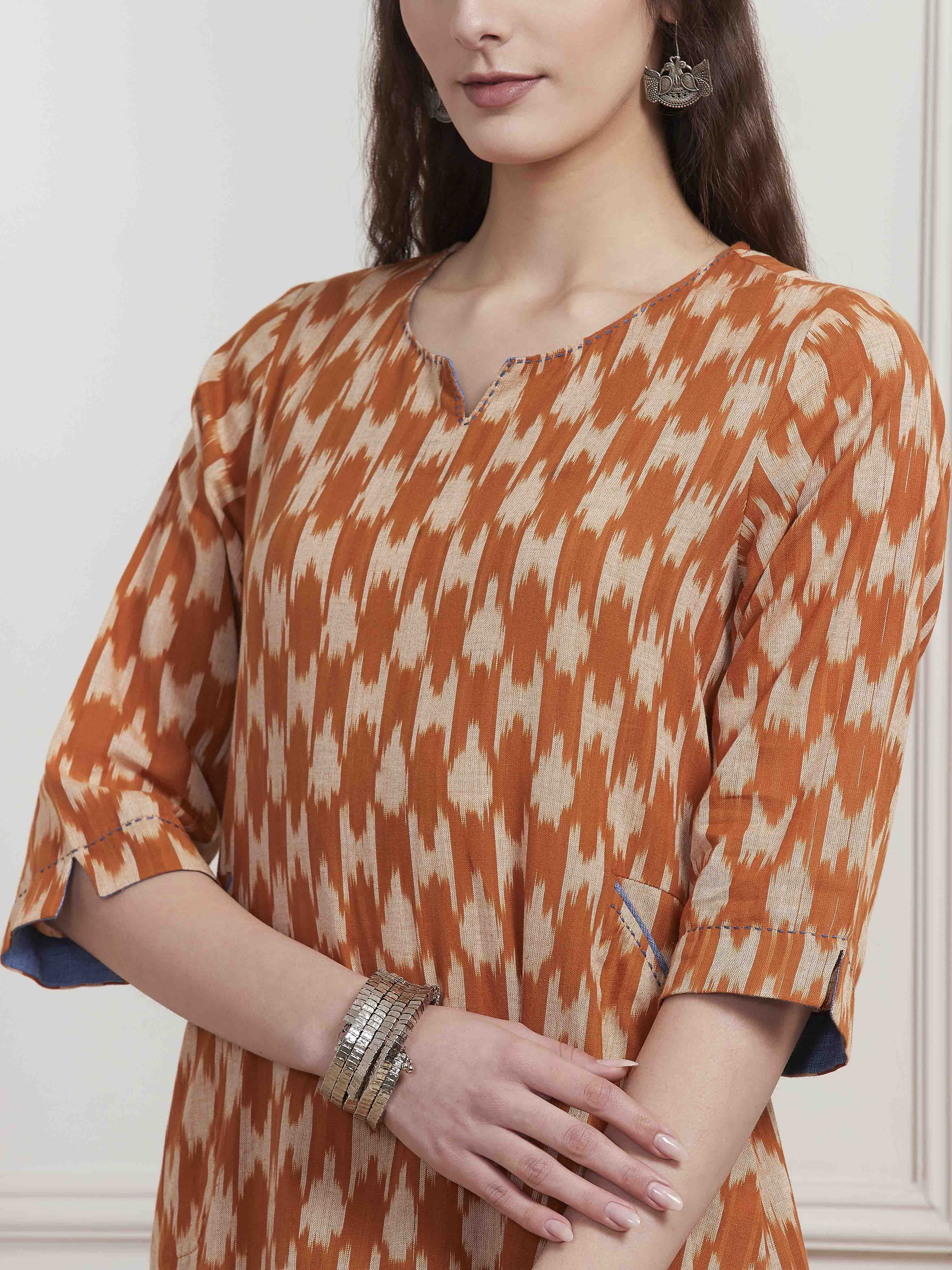Rust Cotton Ikat Printed A-Line Kurta image number 1