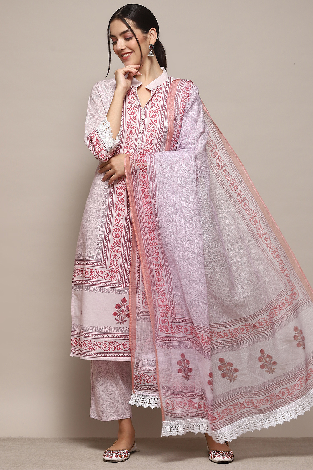 Pink Cotton Machine Embroidered Unstitched Suit Set image number 1