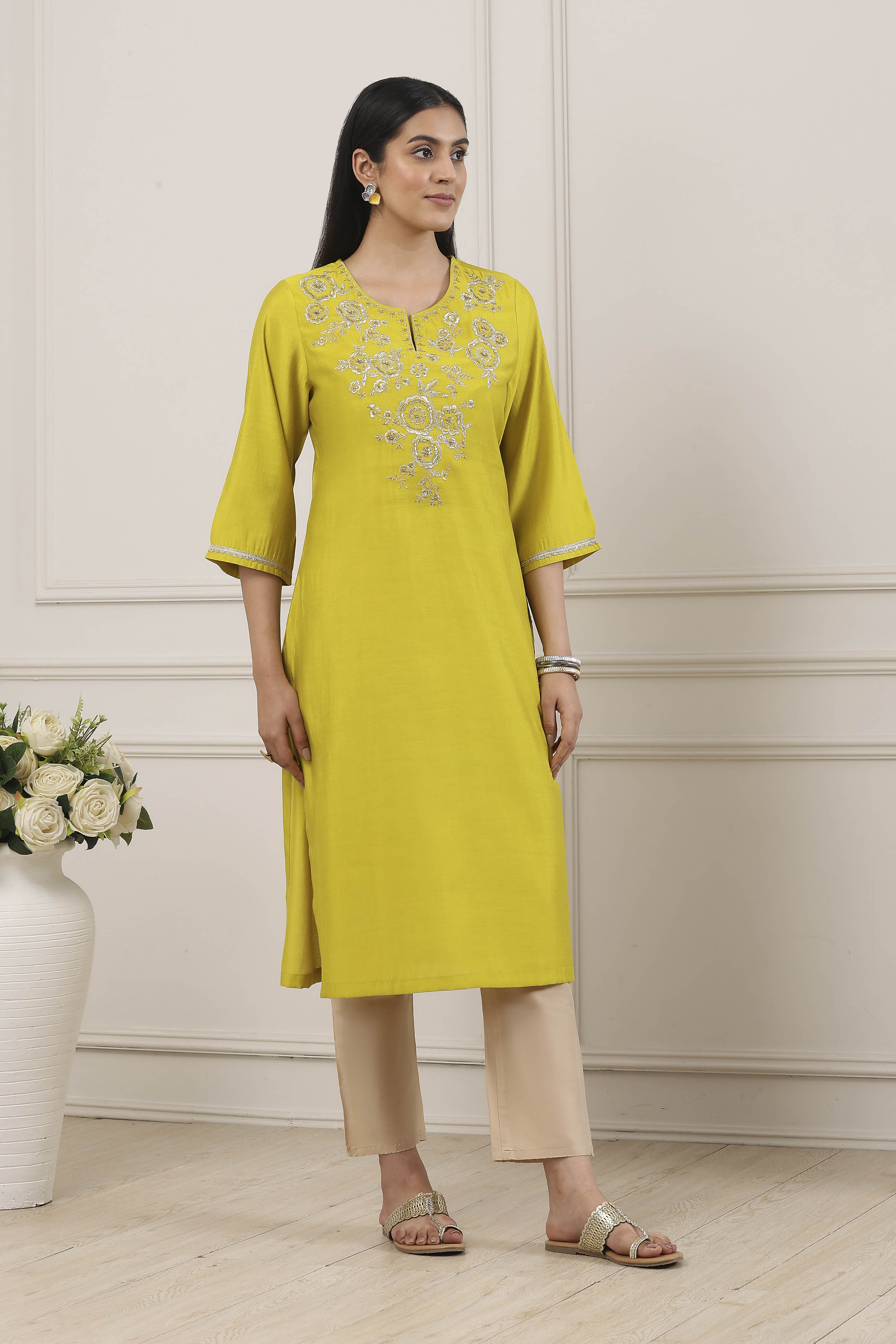 Lime Viscose Blend Straight Kurta image number 4