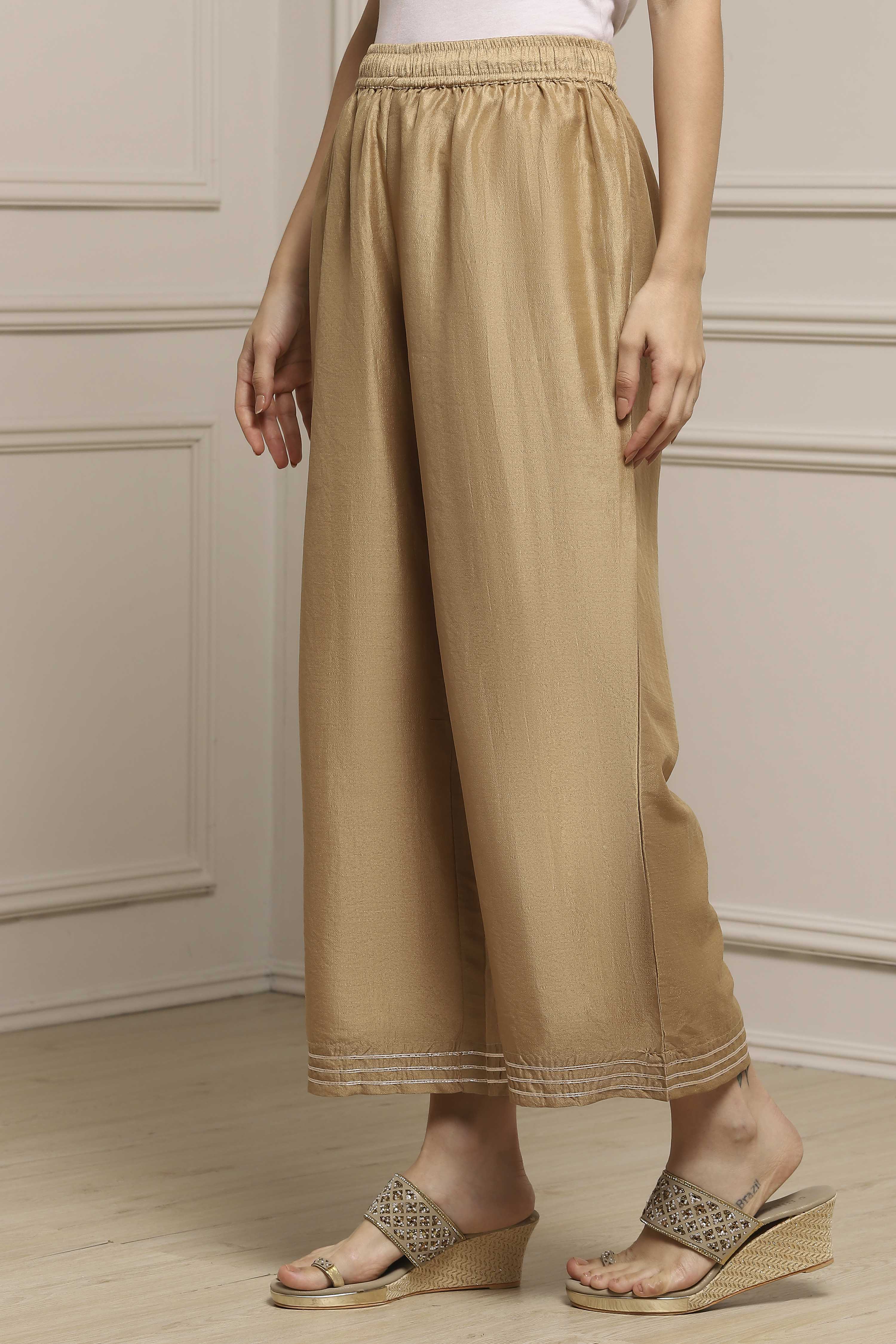 Gold Polyester Straight Palazzos image number 2
