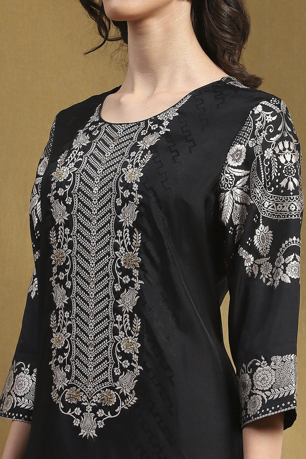 Black Viscose Blend Yarn Dyed Festive Straight Suit Set image number 1