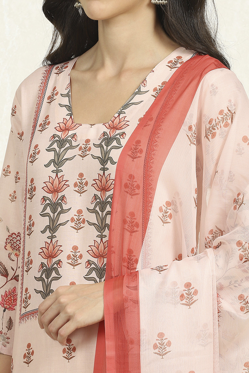 Cream Cotton Unstitched Suit Set image number 2